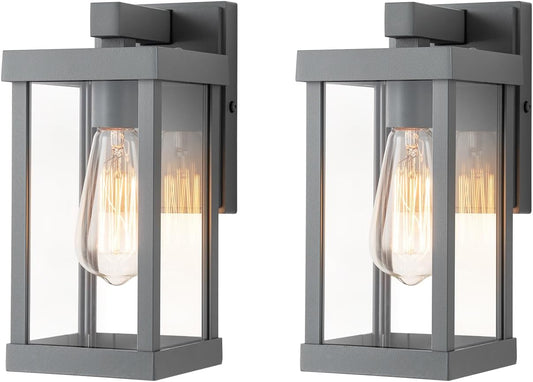 mirrea 11" Classic Outdoor Wall Sconce 1 Light in Matte Gray Rectangular Metal Frame and Clear Glass Shade Waterproof Porch Light Patio Light Pack of 2