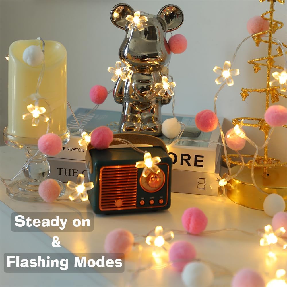9.85Ft Fairy Lights 20 Cute Pink Pompoms 20 LEDs Cherry Blossom String Garland Battey Operated with Timer Flower Lights for Bedroom Kids Room Party Birthday Wedding Valentines Decoration
