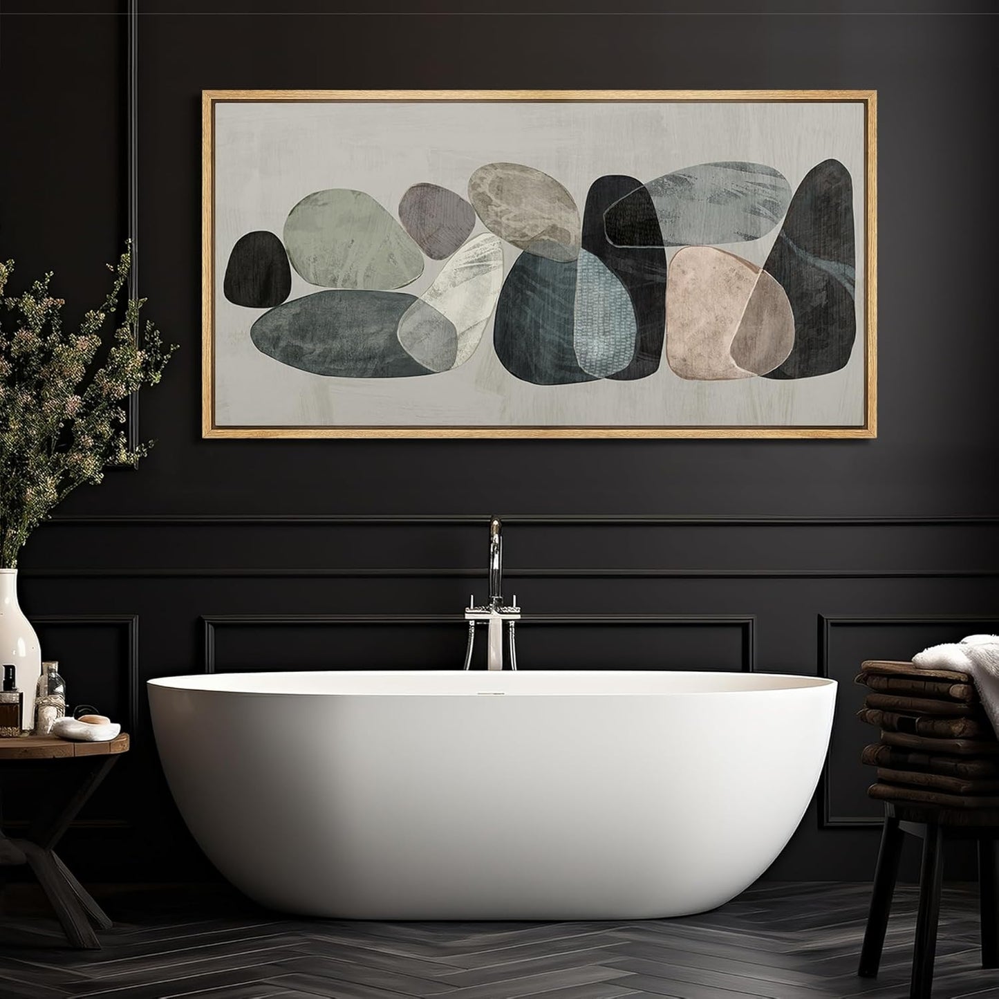 MUDECOR Extra Large Framed Canvas Print Wall Art Abstract Elegance Contemporary Stone Shapes Illustrations Antique Retro Fine Art Illustrations Decorative Colorful for Bedroom - 60"x30"