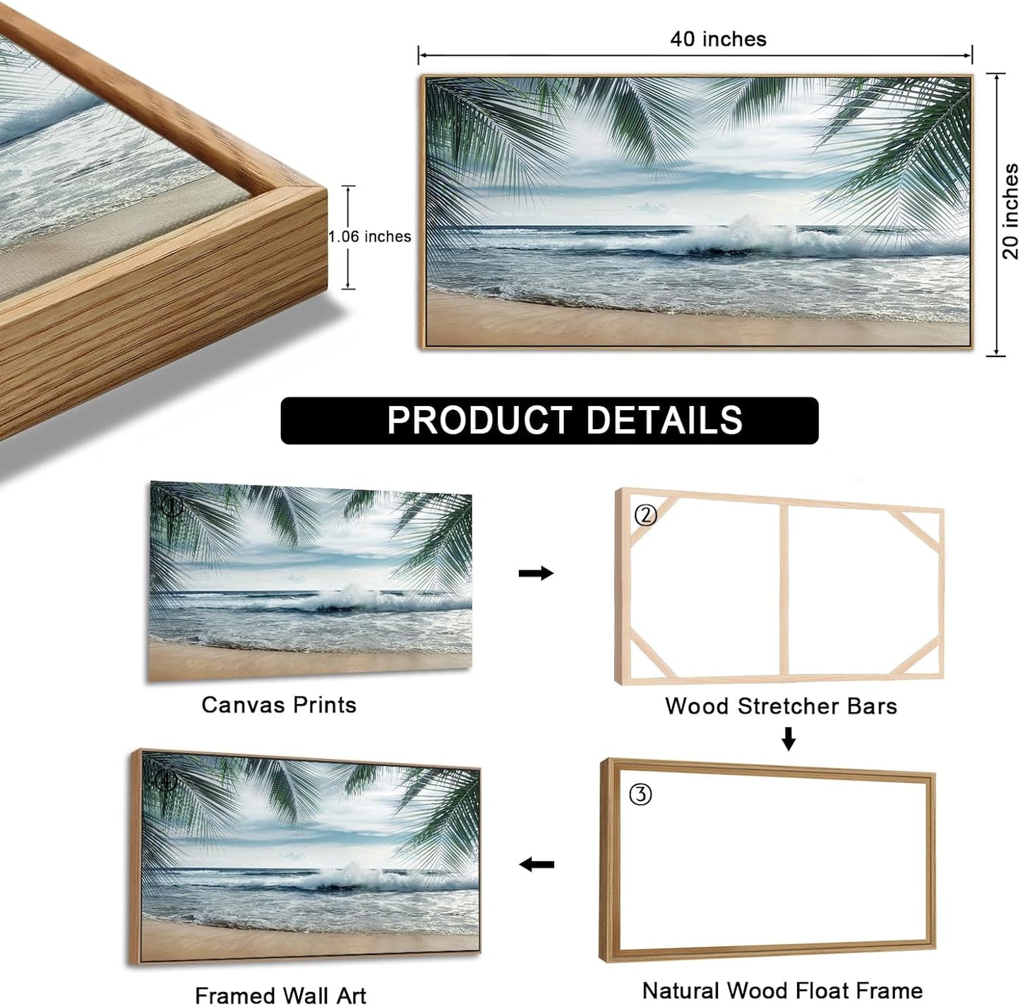 Framed Tropical Beach Wall Art - Ocean Waves Canvas Pictures Coastal Blue Sky and Sea Print Seaside Palm Tree Leaves Scene Painting Artwork Living Room Bedroom Office Home Decor 20" x 40"