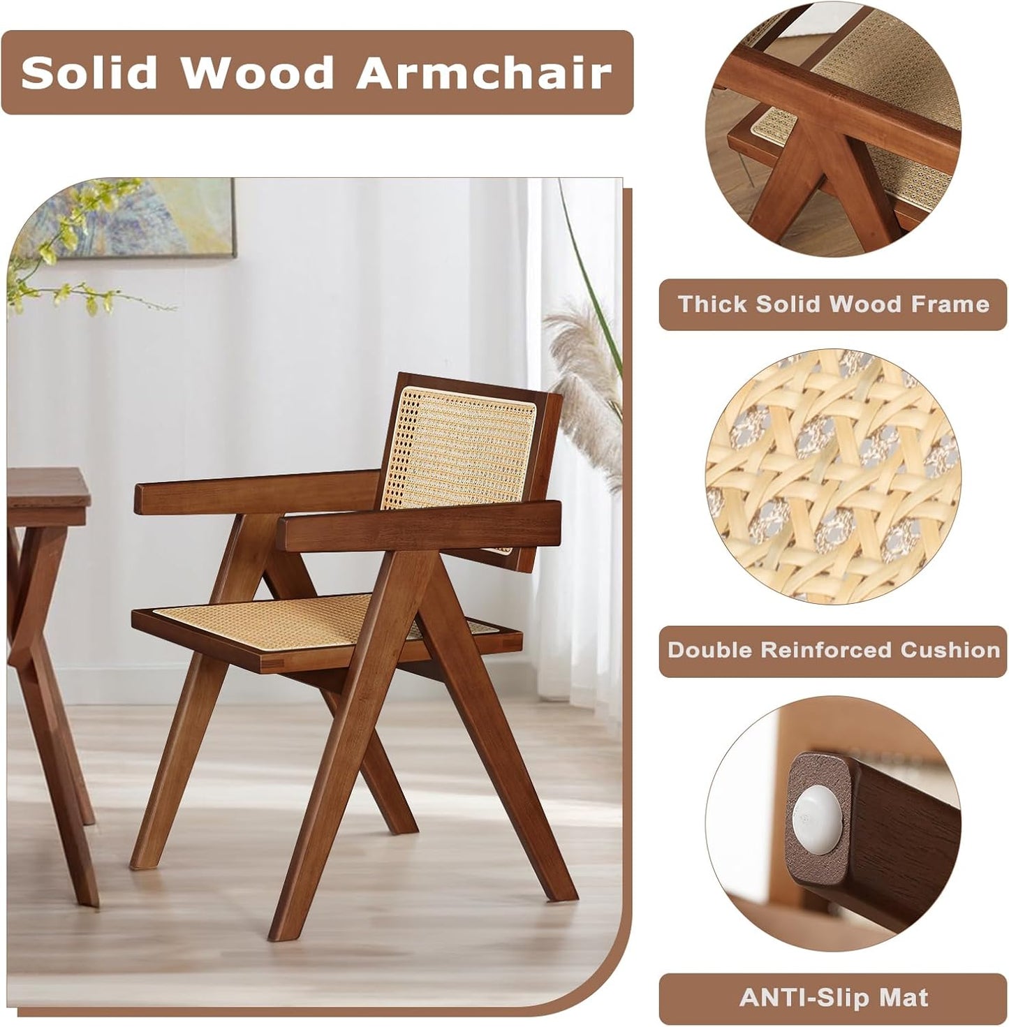 Rattan Walnut Mid Century Modern Dining Chairs Set of 6, Comfy Armchairs with Cane Back, Outdoor Kitchen Chairs for Multiple Rooms