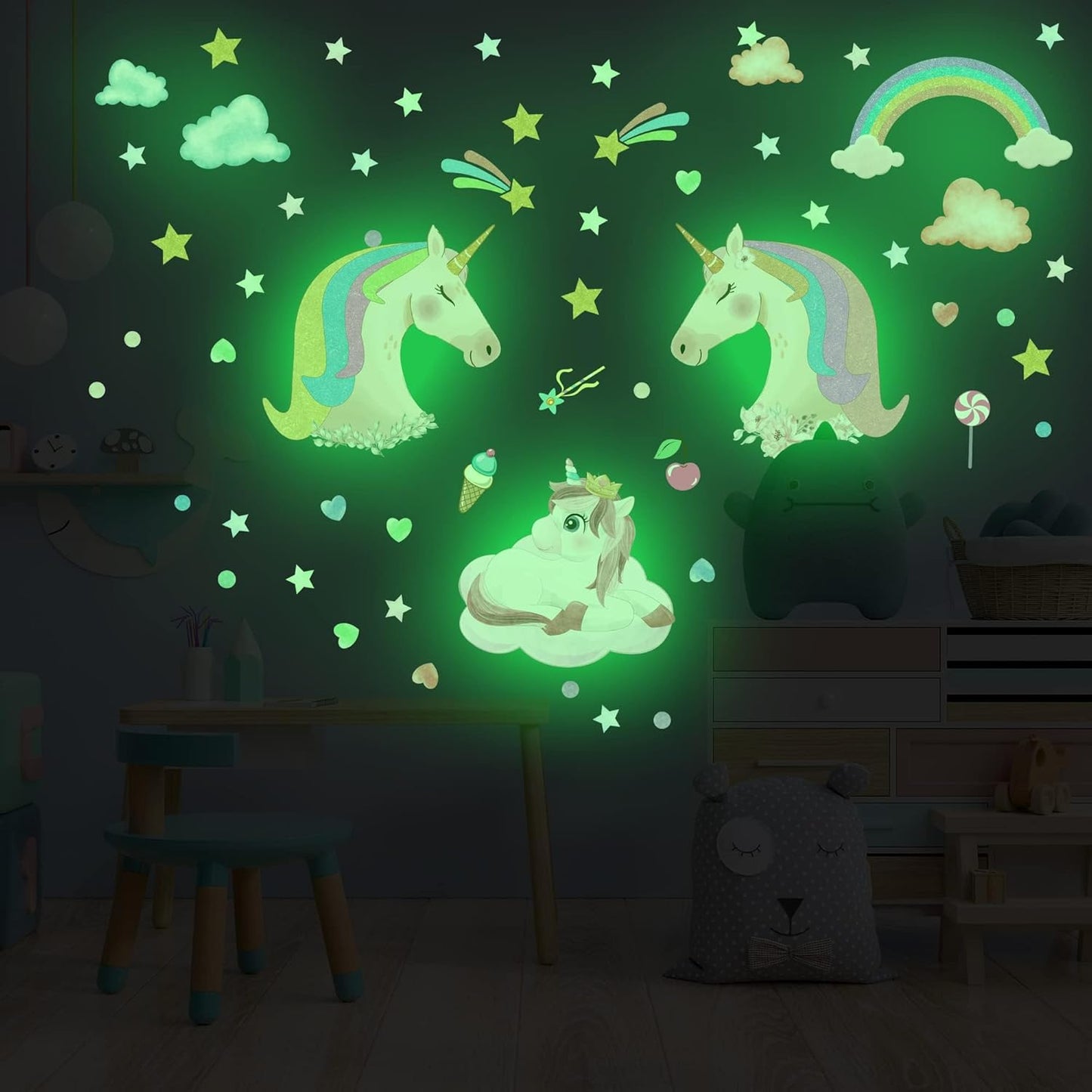 Glow in The Dark Unicorn Wall Stickers Decals, Removable Dots Stars Decals for Ceiling, Luminous Rainbow Wall Decal for Nursery, Room Decor Boys Girls Bedroom Playroom
