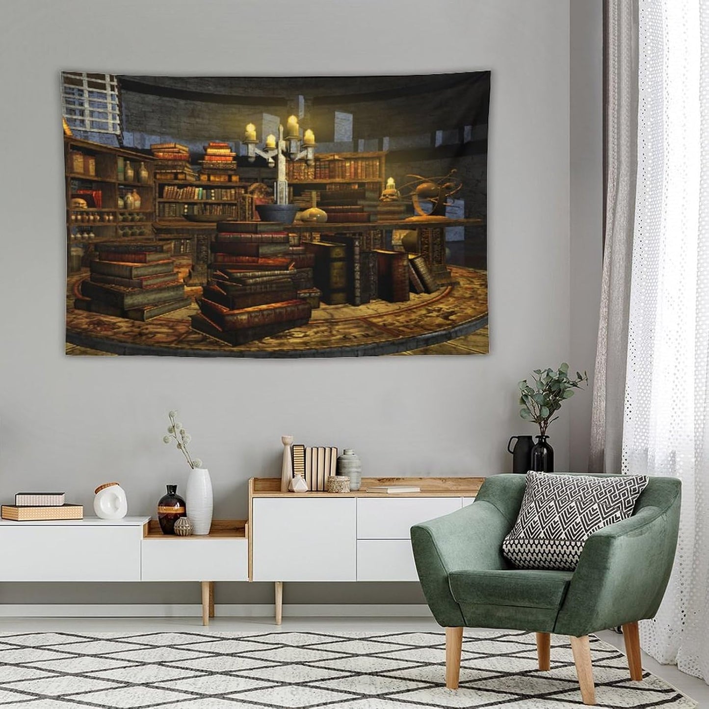 Kurtect Library Tapestry,Vintage Medieval Bookshelf Wooden Bookcase Antique Magic Art Tapestries for Party Beach Picnic Blankets Tablecloths Living Room Wall Deocr, 40x60 in