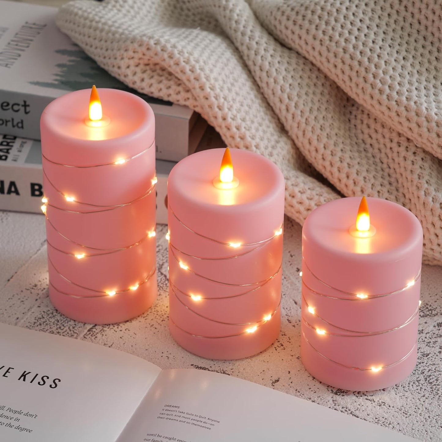 Rose Pink Flameless Candles with String Lights Battery Operated Flickering LED Pillar Candles 4‘’ 5‘’ 6‘’ Candle with Remote Control, Set of 3