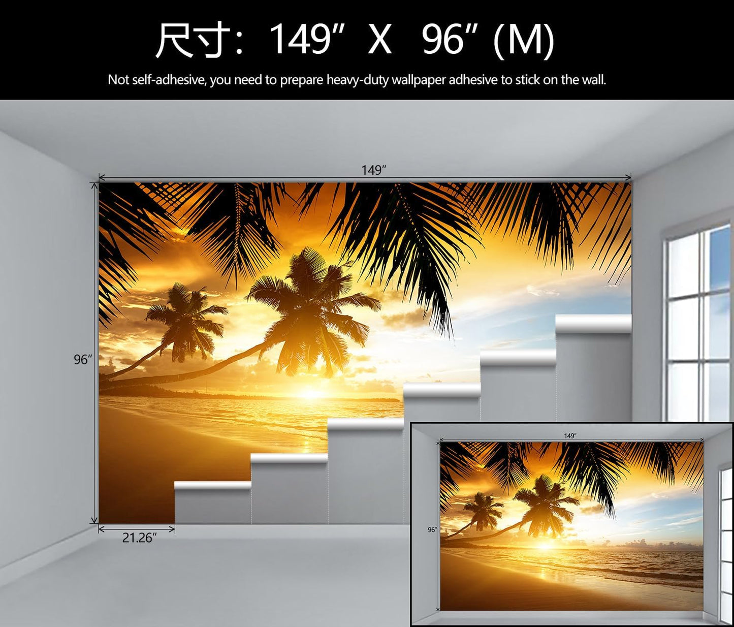 WFBHUA-Tropical Beach Wallpaper Dusk Waves Palm Tree Leaf Coconut Tree Wall Mural for Living Room Bedroom (Not Peel and Stick)