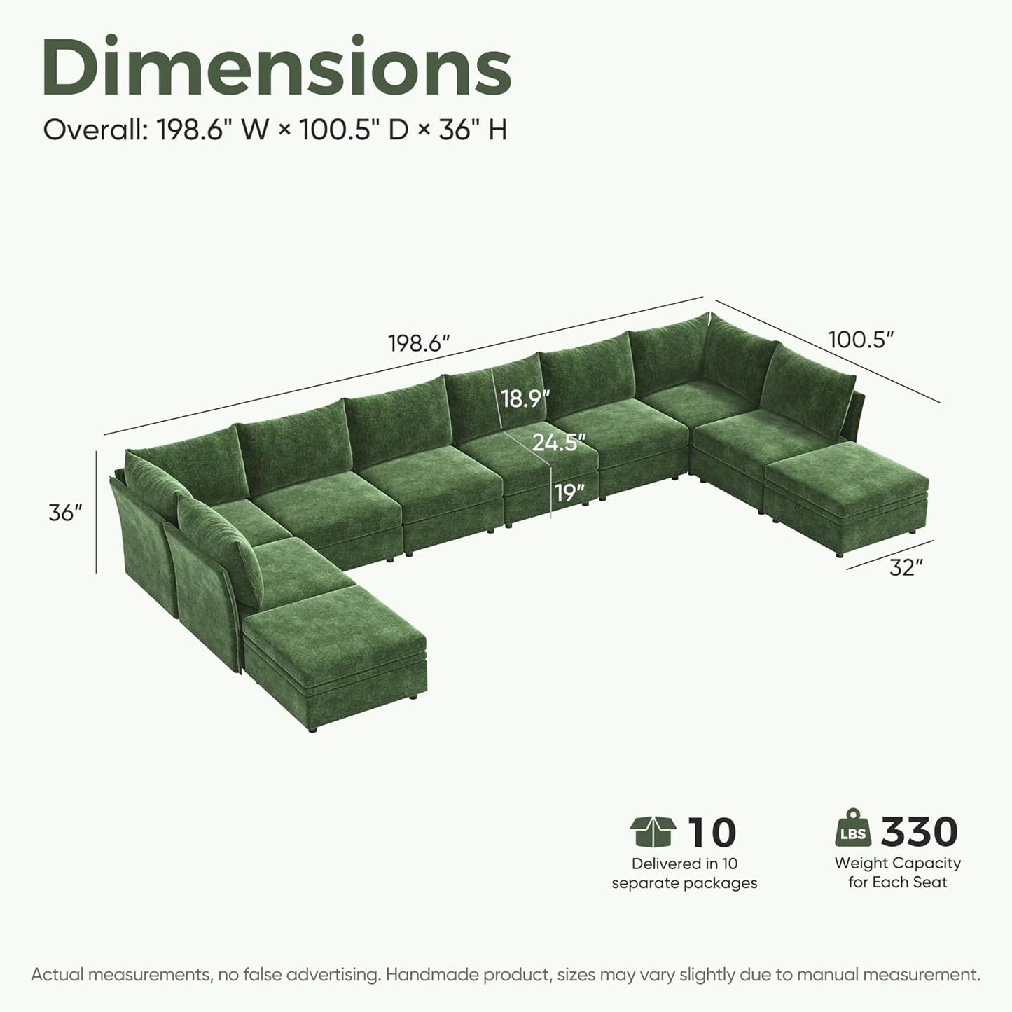 198.6" Oversized Modular Sectional Sofa, U Shaped Convertible Couch with Movable Ottoman, Large 10 Seats Corner Couches for Living Room Deep Seat Green Chenille