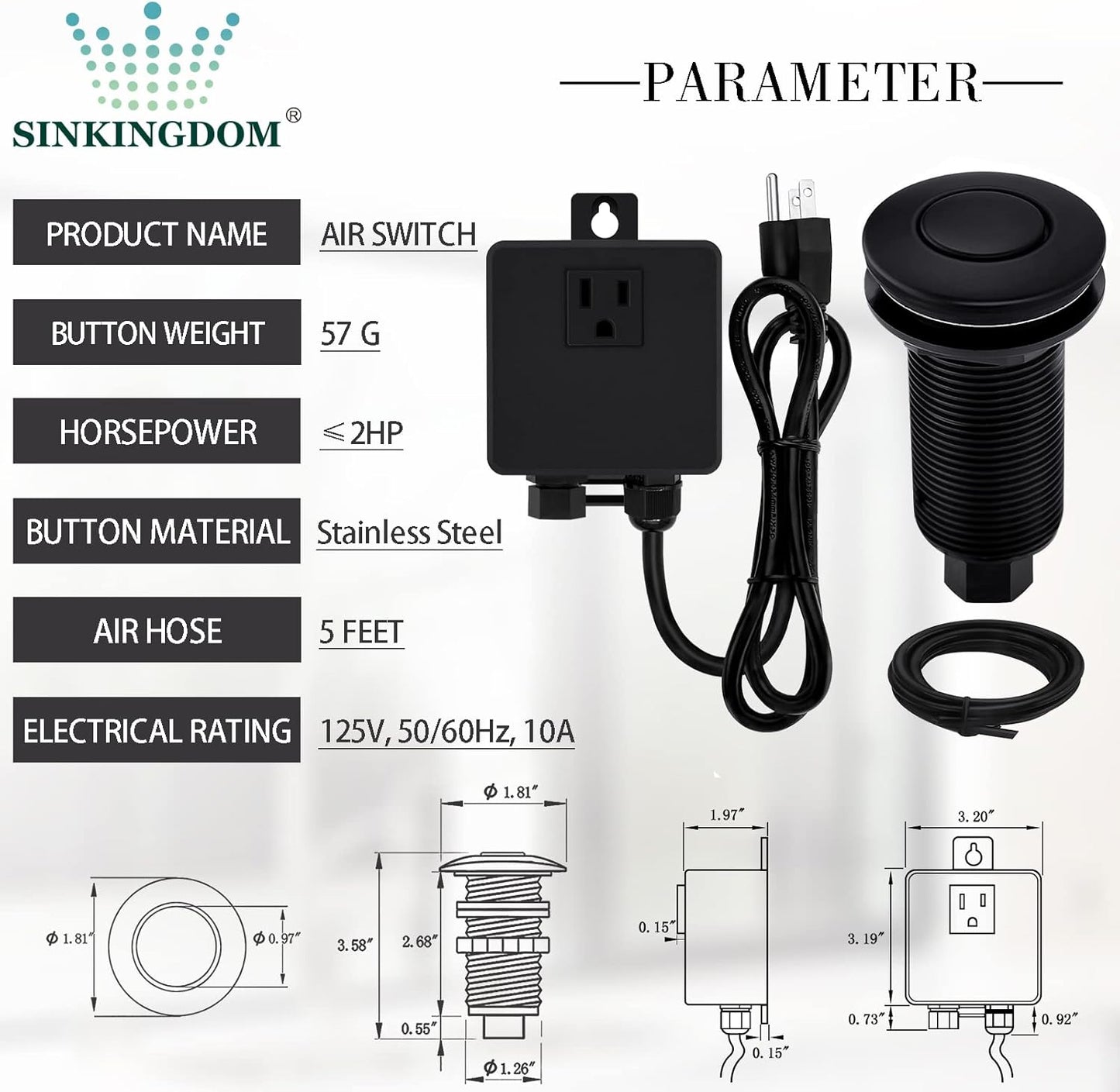 Garbage Disposal SinkTop Air Switch Kit with Long Button,Brass Made Cover,UL,Matte Black