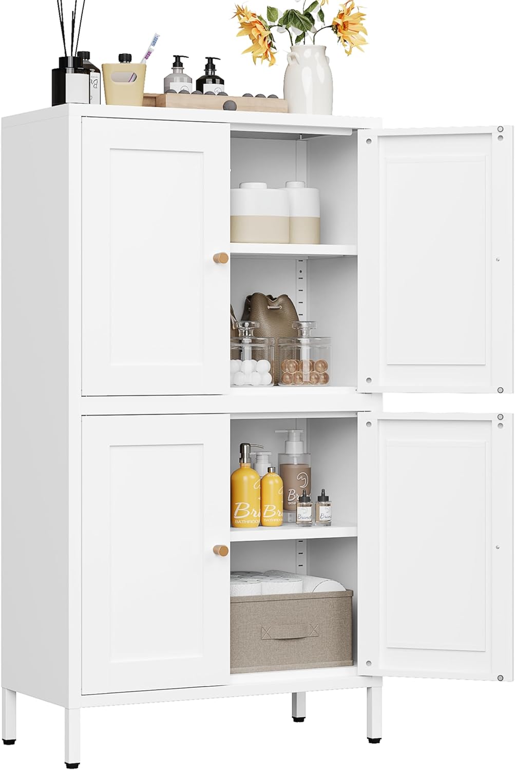 White Storage Cabinet with 4 Doors and 2 Adjustable Shelves,Narrow Food Pantry Cabinet with Leg,24 inch Wide Bathroom Cabinets,Small Metal Storage Cabinets for Home Kitchen,Dining/Living/Laundry/Room