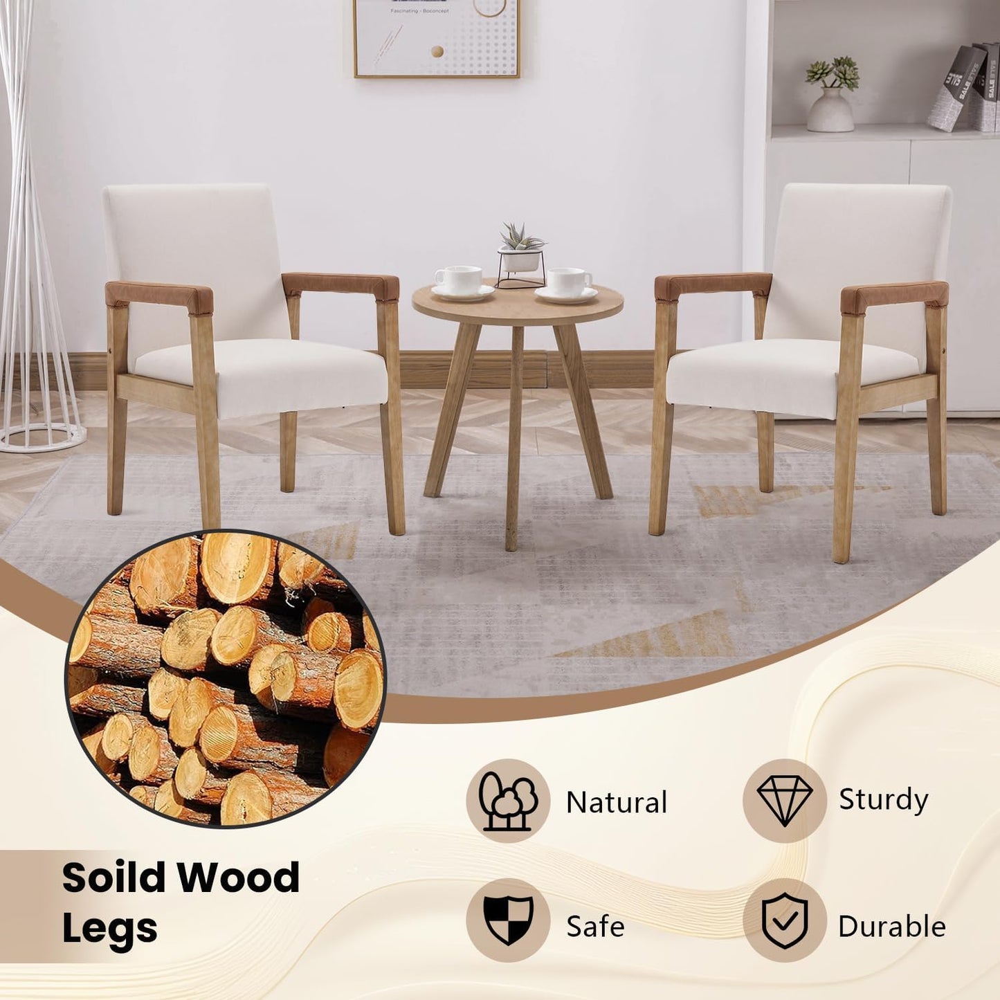 Kmax Modern Dining Chairs Set of 6 Linen Fabric Kitchen Arm Chairs Upholstered Accent Chairs with Wooden Legs for Dining Room, Living Room, Bedroom, White