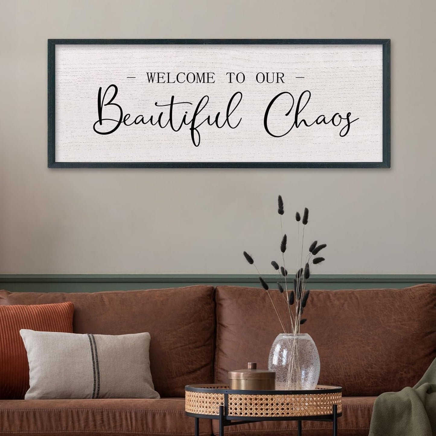 comurdyo Welcome To Our Beautiful Chaos Wall Decor Art 32"X12" for Home Entryway Sign Large Wood Framed Wall Hanging (Black)