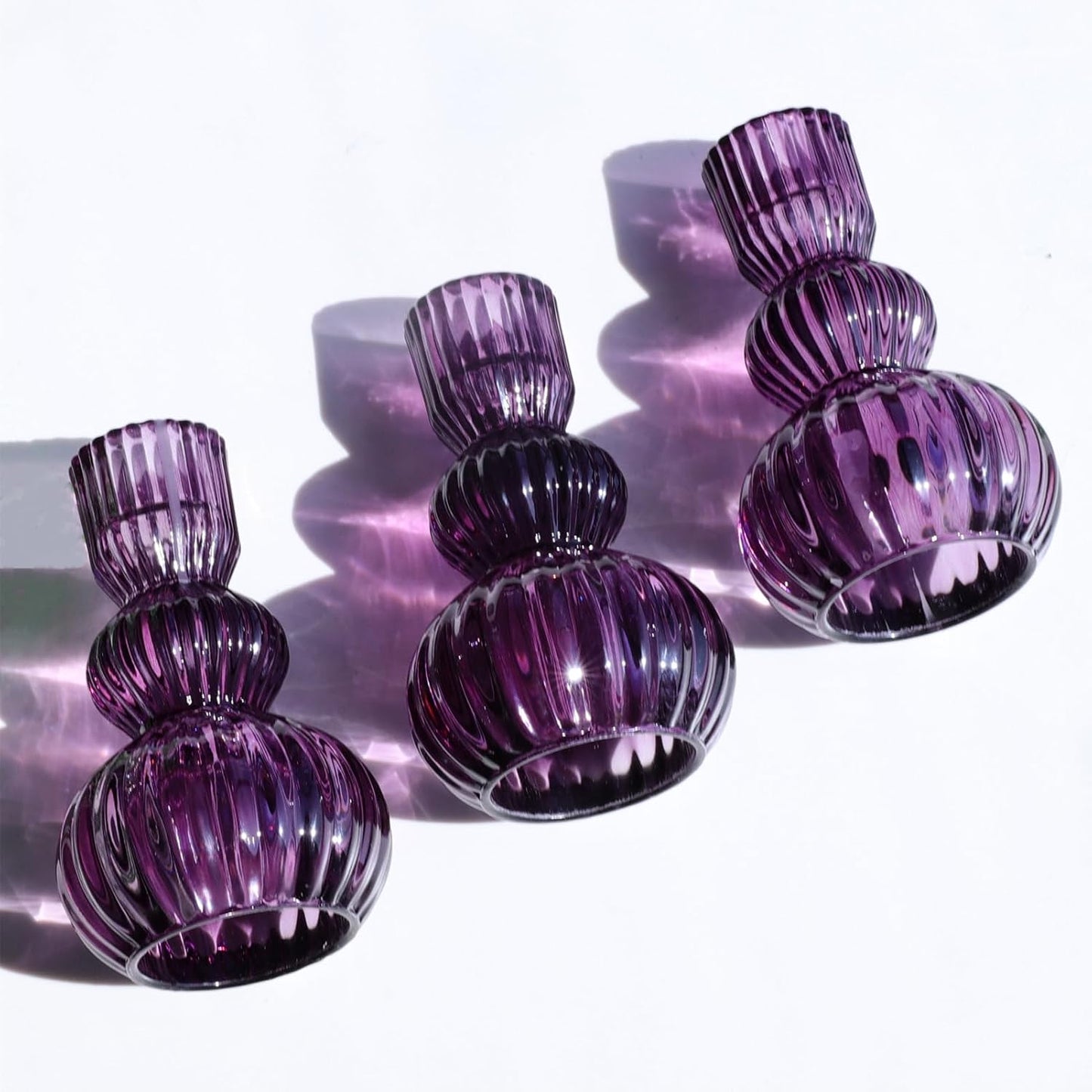 Woho Purple Candlestick Holders Set of 3 for Halloween Decorations, 4.3" H Ribbed Glass Taper Candle Holders Bulk for Wedding Table, Vintage Candle Sticks Holder Decor for Birthday Party/Home Decor