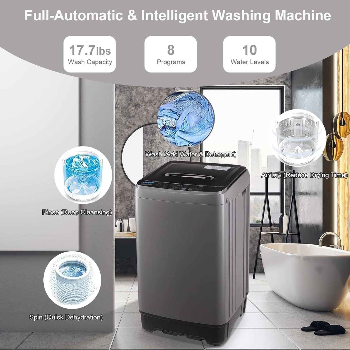 17.7 lbs Full Automatic Washing Machine with LED Display Compact Drain Dump, 10 Wash Programs and 8 Water Levels Ideal for Dorms, Apartments, RV, Grey (KB03-GREY6-3)
