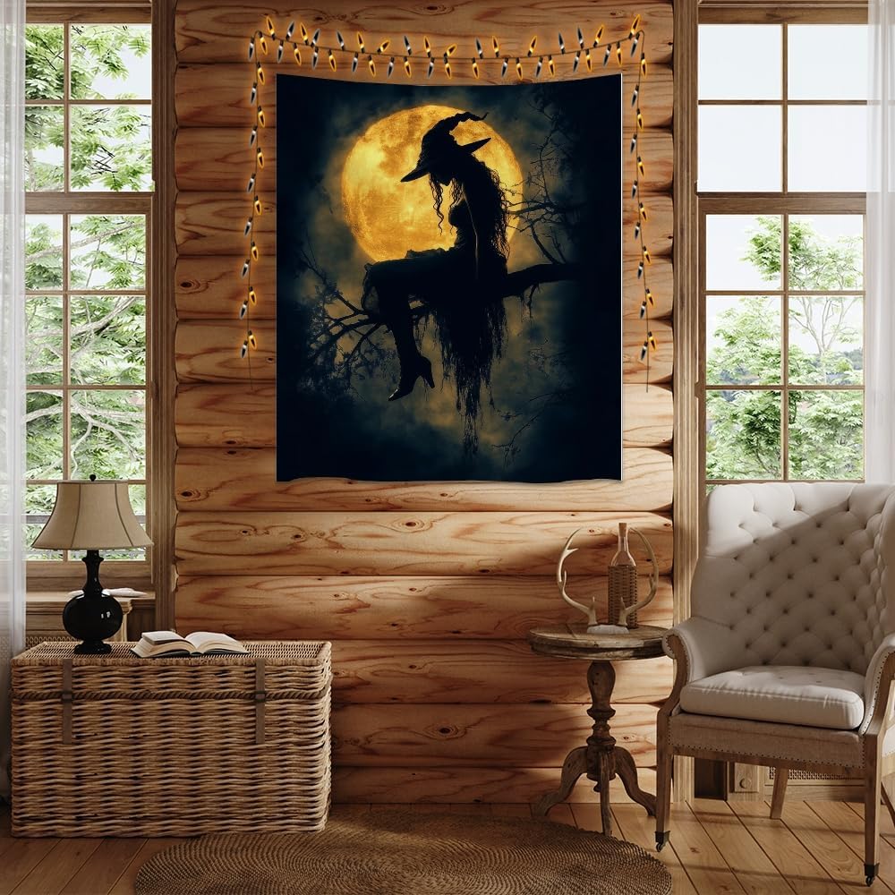 Halloween Witch Tapestry Wall Art Witchcore Moon Aesthetic Print Dark Academia Gothic Tapestries Wall Hanging Horror Ghost Halloween Party Decor for Home Living Room Bedroom 60x80inch
