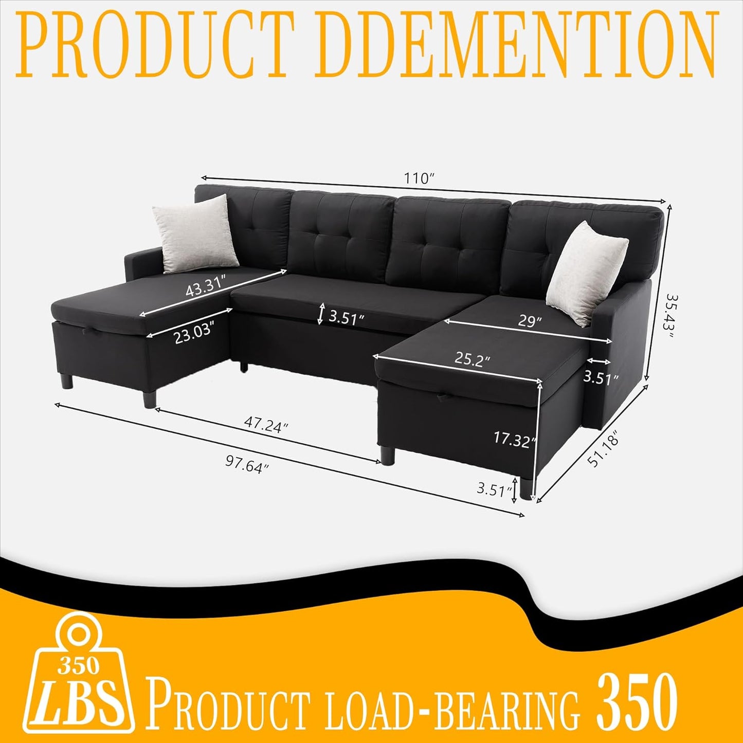 Pull Out Couch, Oversized Sleeper Sofa Couch, Sectional Sleeper Sofa Bed for Living Room Bedroom Lounge (Black, 110 Inch)