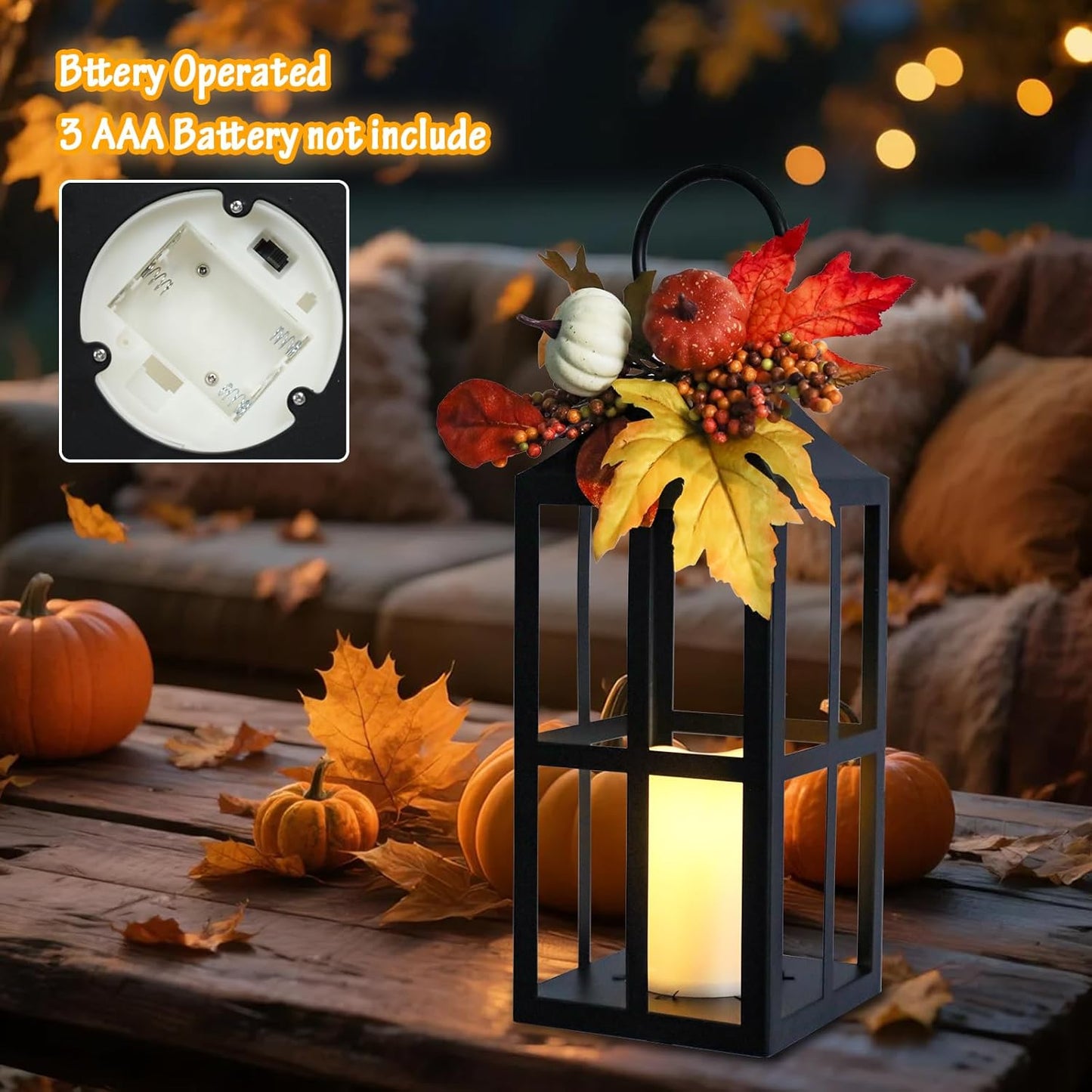Fall Decorative Lanterns Outdoor, Waterproof 17.7" Decorative Lantern Indoor Decor Metal Hanging Candle Holder LED Flameless Candle Lantern for Patio, Porch, 2 Packs