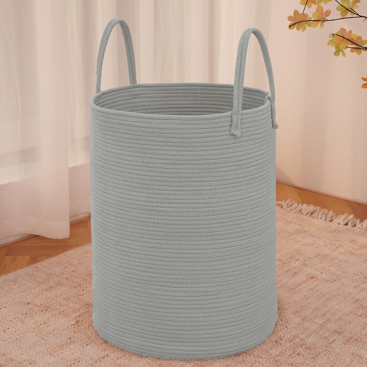 Large Woven Laundry Basket Hamper,100L Cotton Rope Storage Bin for Blankets,Toys and Clothes,Decorative Tall Nursery Hamper for Living Room,Baby Nursery,Bathroom and Bedroom,Grey