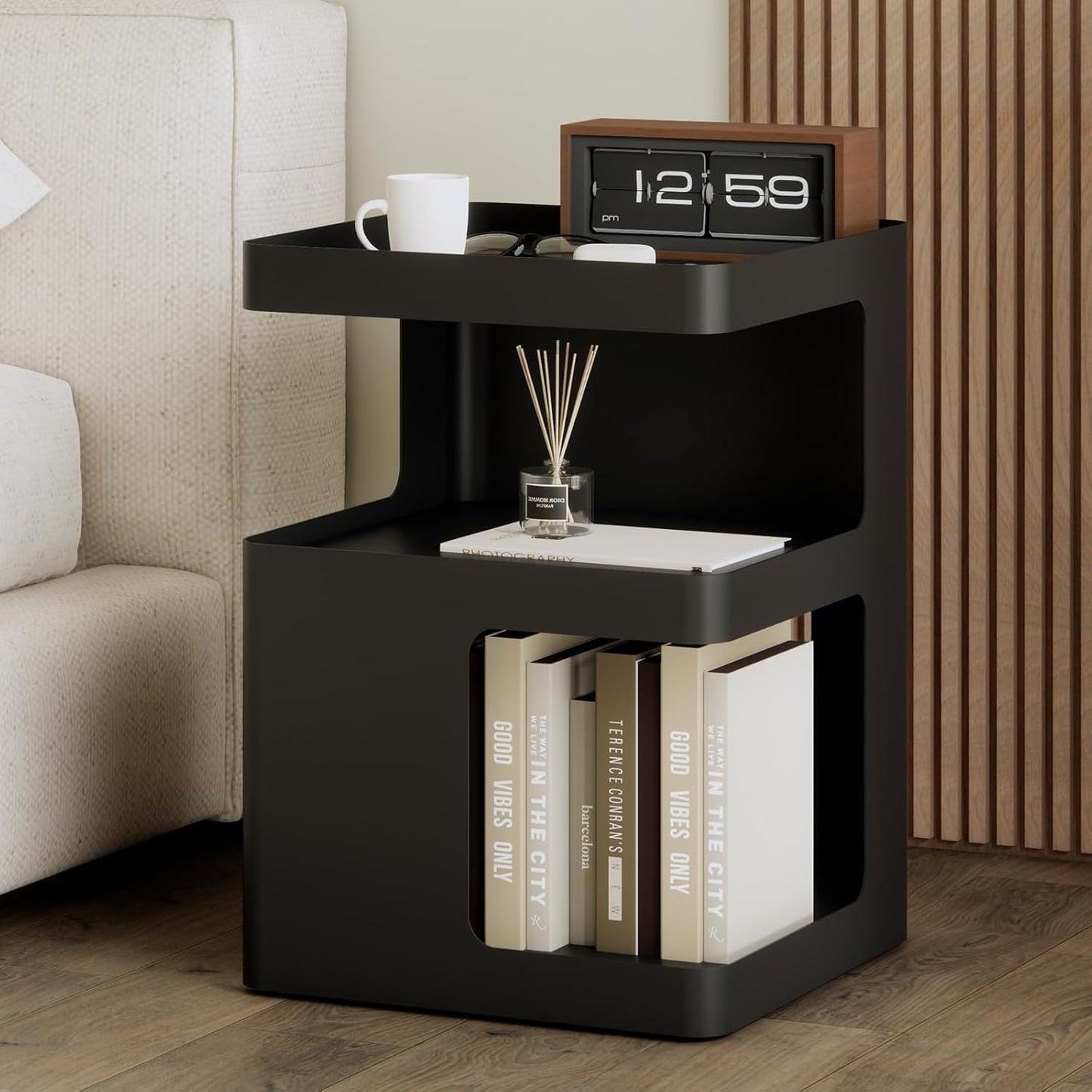 Modern Side Table,Small end Tables for Small Spaces,Black Metal nightstand,Bedside Tables,Accent Table with Storage for Couch, Bedroom,Living Room.No Assembly Required
