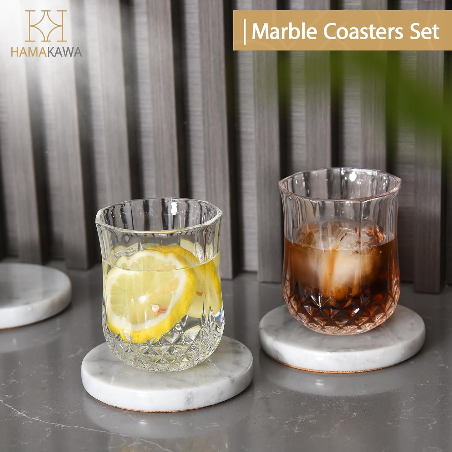 Real Natural Marble Coasters Set of 4, Carrara White Limestone 4 Inch/10 cm, Modern Round Stone, Trendy Drink Coasters for Coffee Table, Kitchen Decor, Office