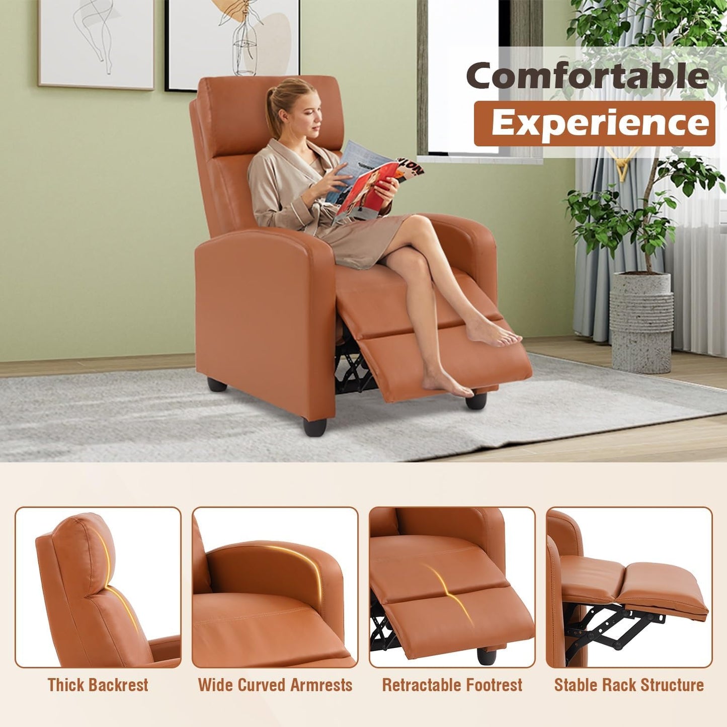 BestMassage | Recliner Chair | No Massage Function | Pu Tan | with Lumbar Support, Adjustable Push Back, Wide Armrests, Footrest & Padded Seat | Easy Assembly | for Living Room, Home Theatre