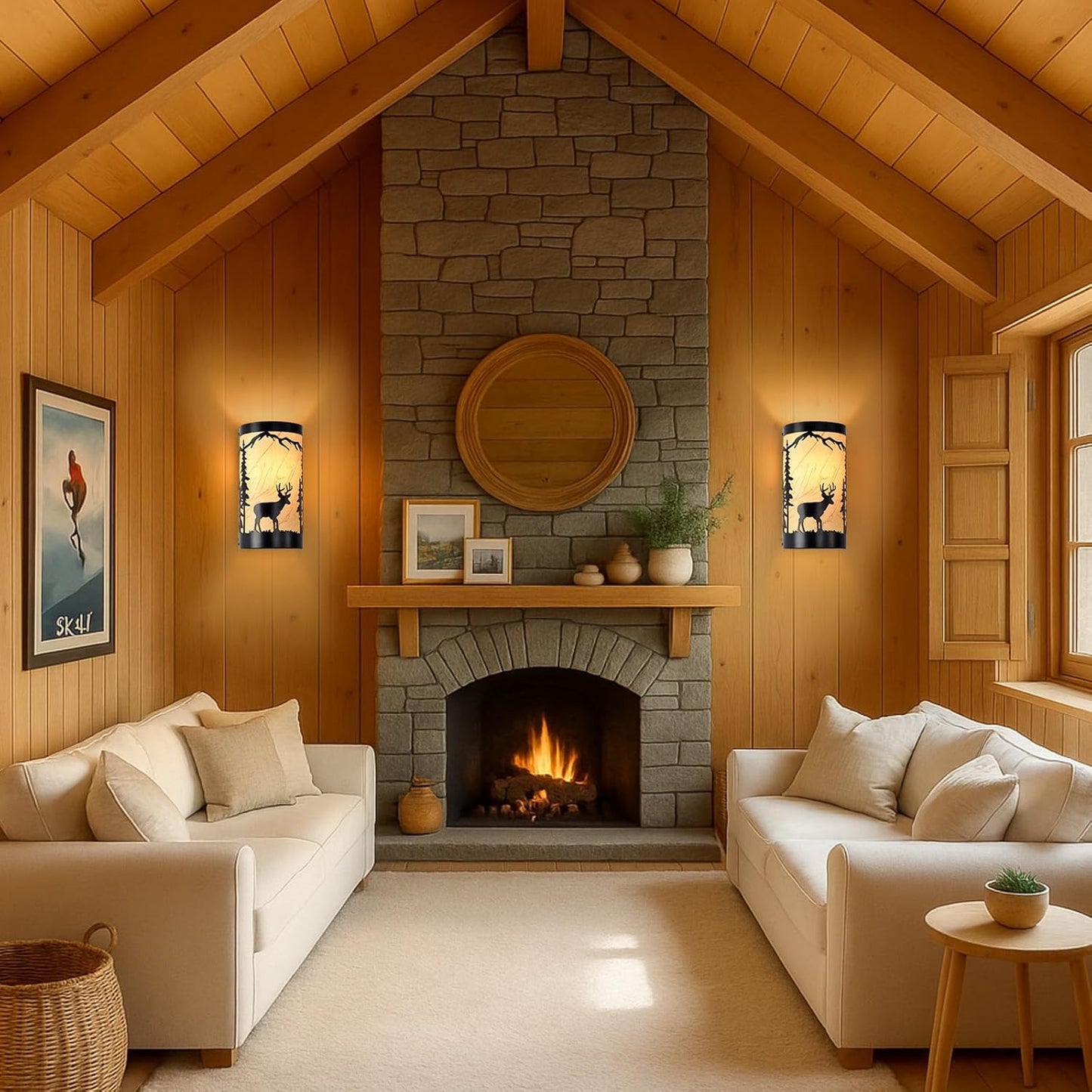 Wall Sconces Set of Two,Deer Metal Yellow Parchment Rustic Wall Sconces,Farmhouse Matte Black Wall Mount Lamp,Vintage Bedroom Wall Lights,Indoor Wall Lamps for Living Room,Hallway,Porch