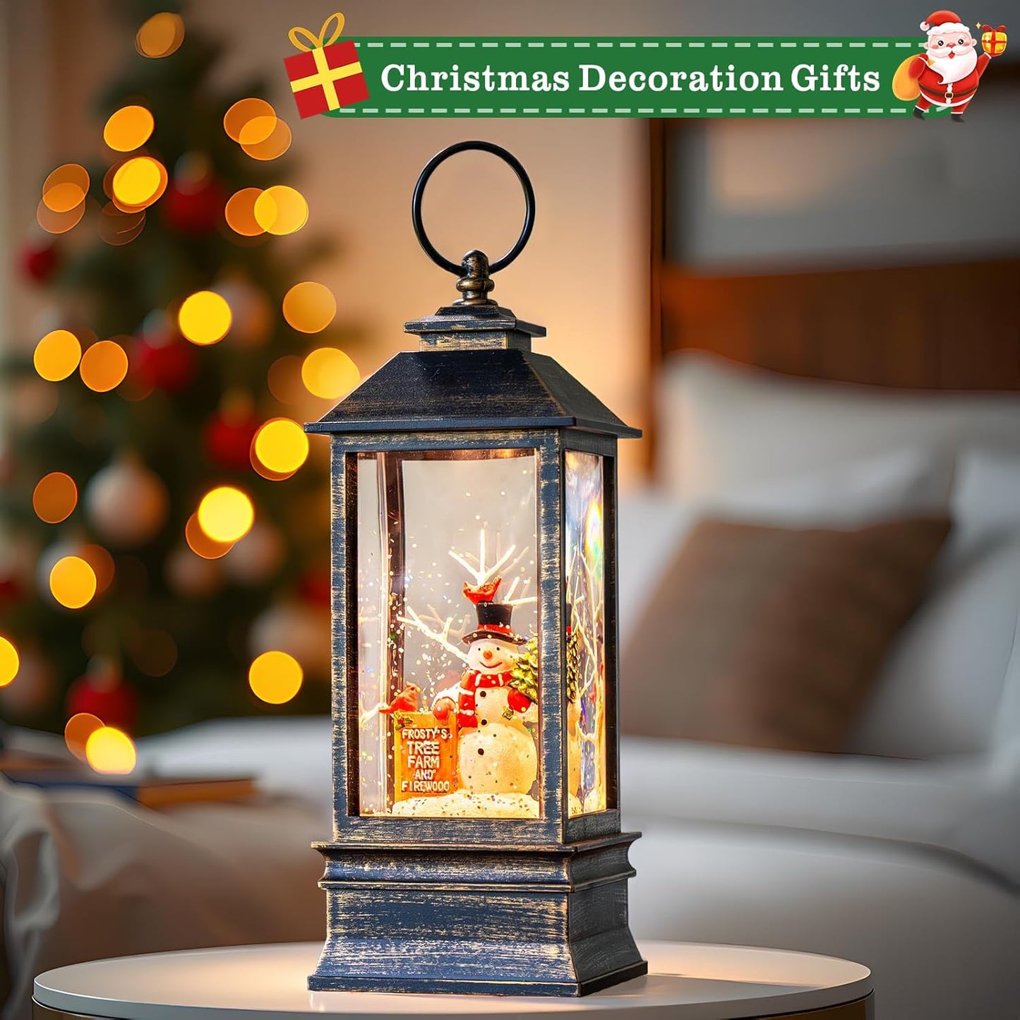 Christmas Snow Globe Lantern Water Glittering Snowman Christmas Tree Crown with Music, USB Lined Operated Lighted Lantern for Christmas Festival Decoration Gifts