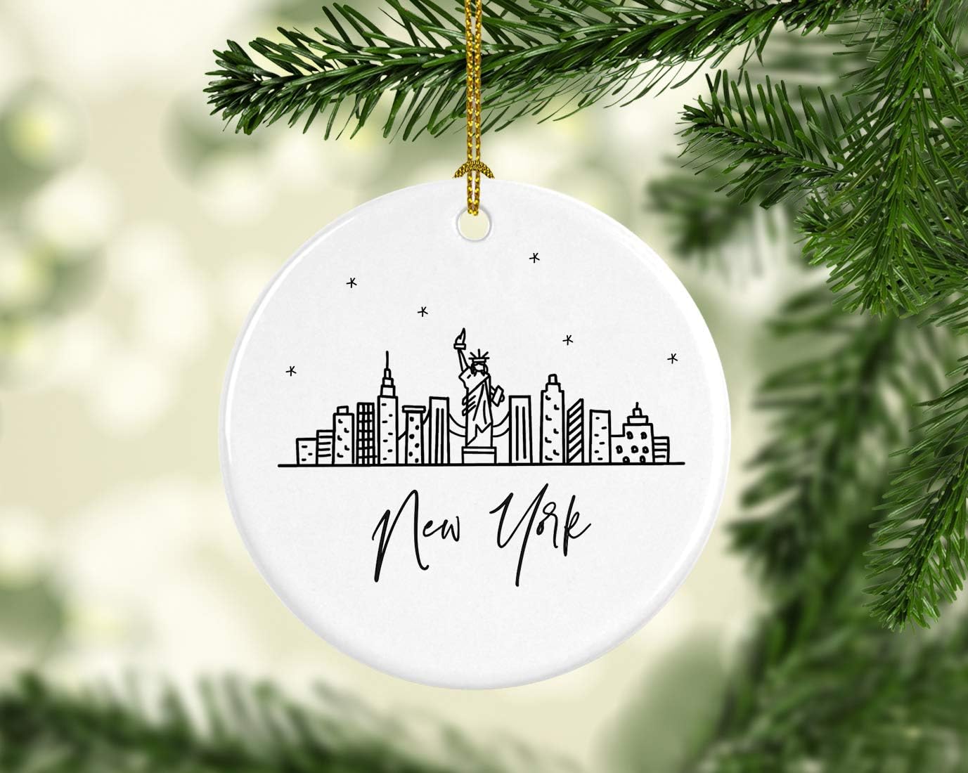 Andaz Press Round Ceramic Porcelain Christmas Tree Ornament, New York, Black And White Stars City Skyline 1-Pack Birthday Ideas Family Coworker, NYC Christmas Ornament New York City Christmas Ornament