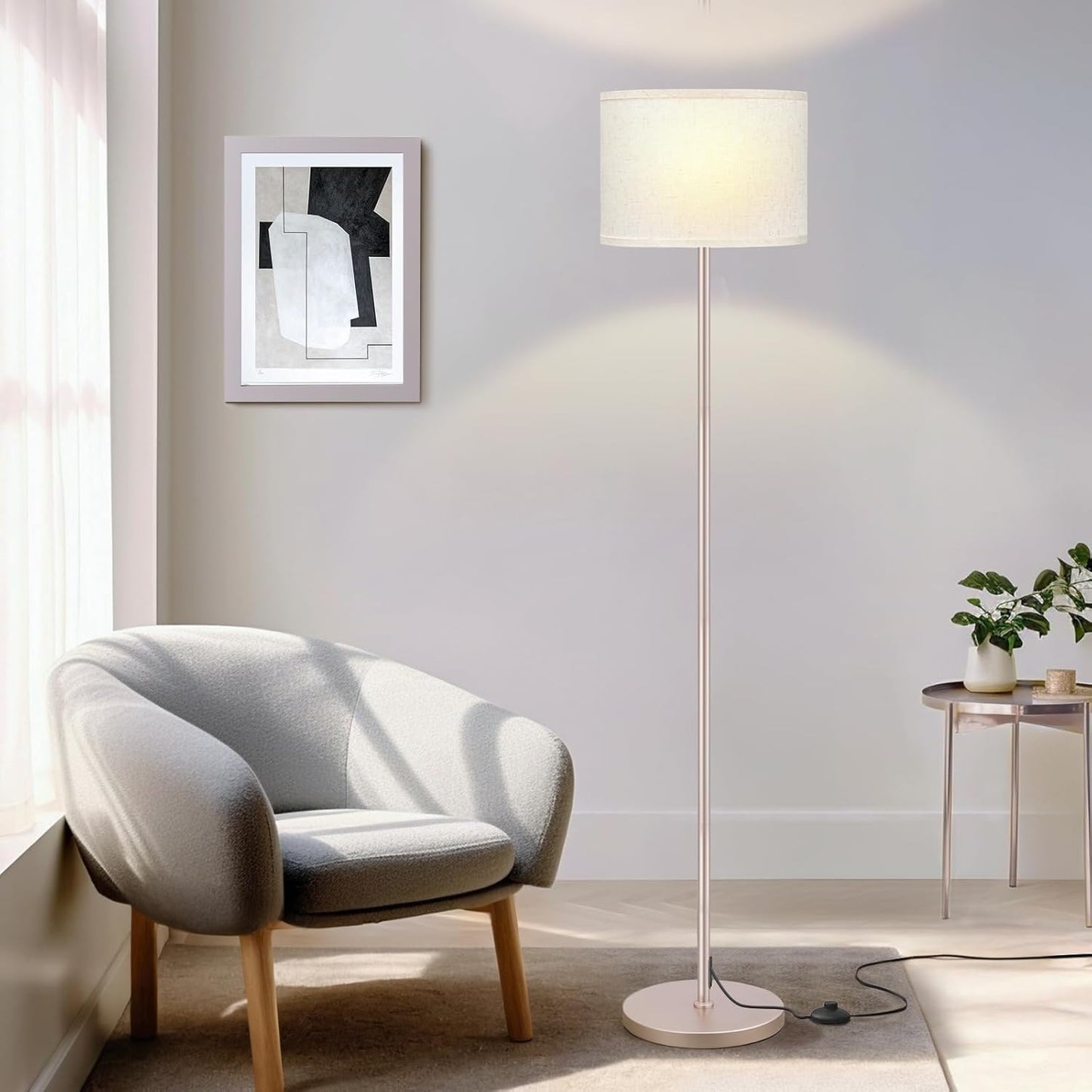 Ambimall 60'' Modern Floor Lamp with Shade, Tall Lamps for Living Room, Bedroom, Office, Dining Room, Beige Shade with Mocha Gold Pole(Without Bulb)