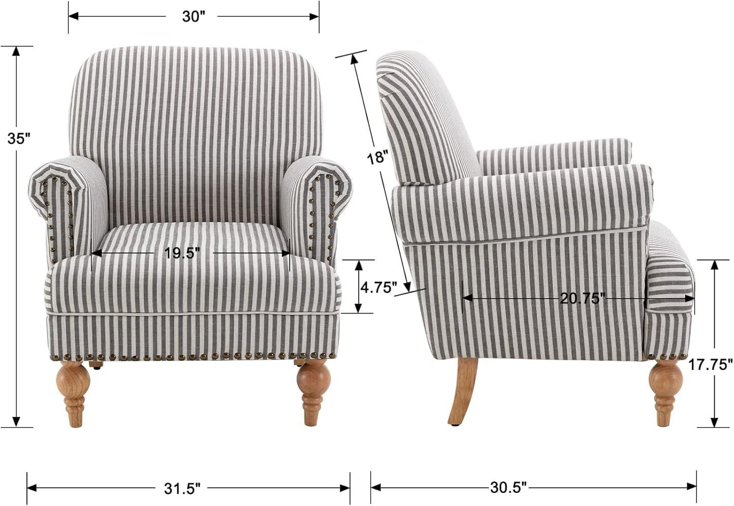 chairus Linen Accent Chair for Living Room Set of 2 Upholstered Mid Century Modern Single Sofa Chair with Solid Wood Legs Comfy Reading Armchair for Bedroom/Office Room/Recption/Lounge, Black Stripe