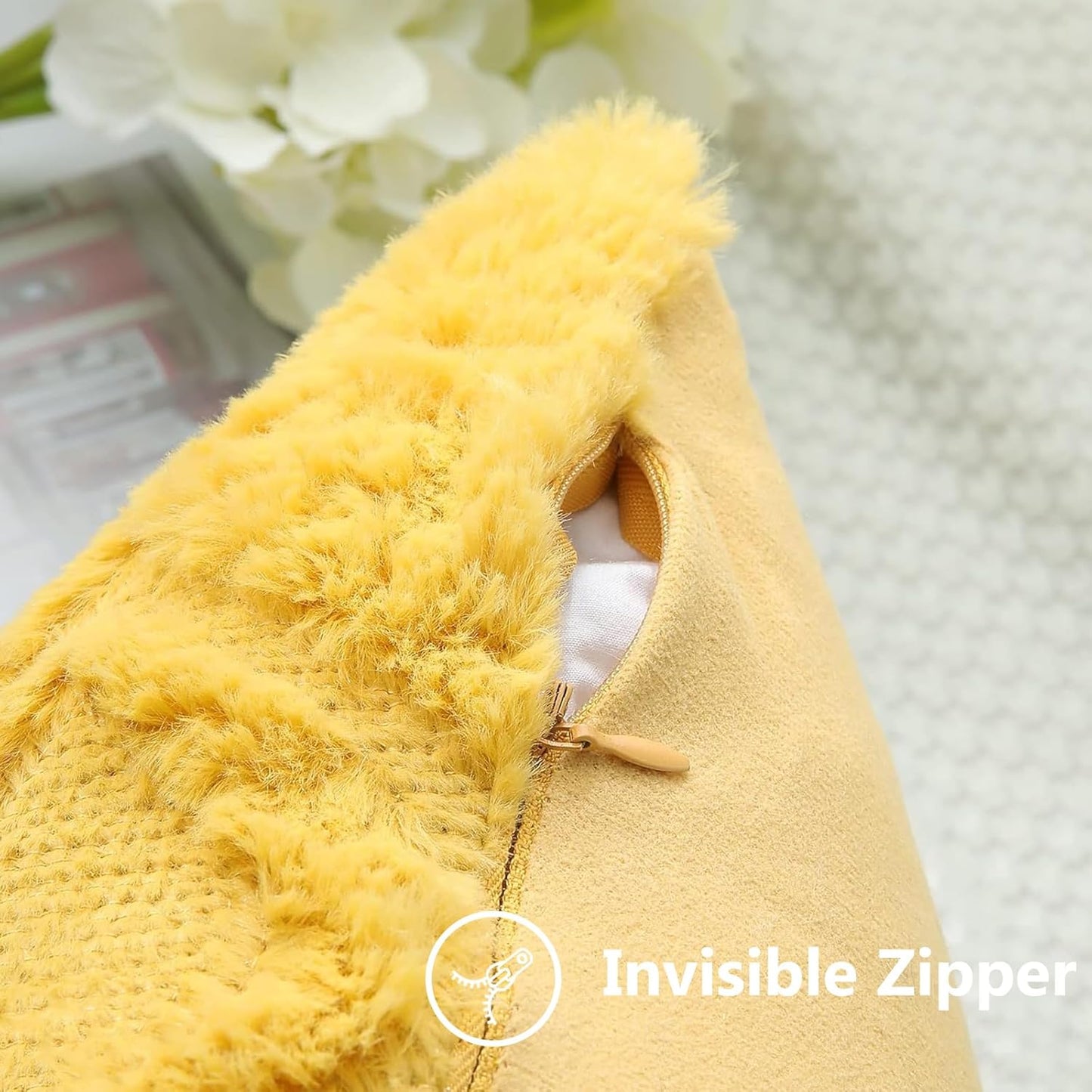 decorUhome Throw Pillow Covers 16x16 Inch Set of 2, Soft Plush Decorative Faux Fur Mustard Yellow Solid Couch Pillow Covers, Accent Farmhouse Neutral Square Euro Pillow Cases for Sofa Bed Living Room