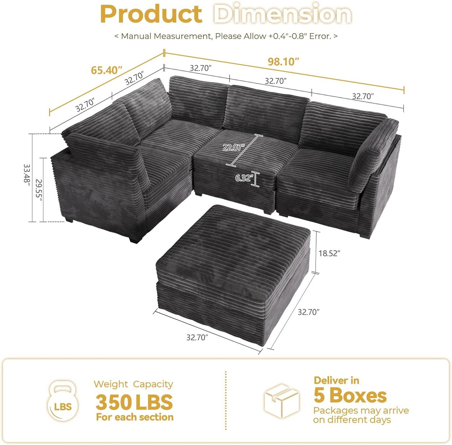 HOOOWOOO Modular Sectional Sofa,5 Pieces Sectional Couches for Living Room,98X66 L Shaped Cloud Couch with Ottoman Chaise Set(Grey Velvet Corduroy)
