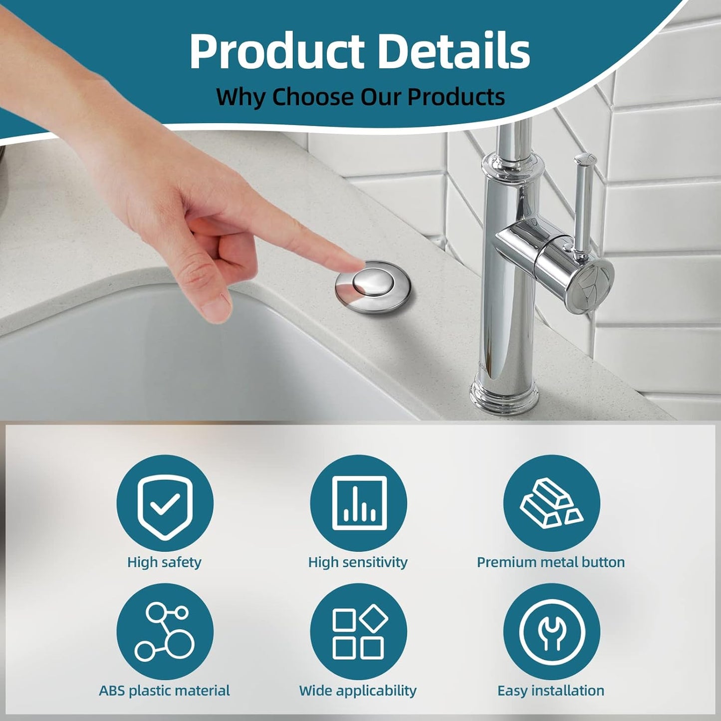 RQYEKDO Garbage Disposal Air Switch Kitchen Sink Top Long Stainless Steel Polished Nickel Long 2.5" for Food and Waste Disposal On/Off Air Button Parts Polished