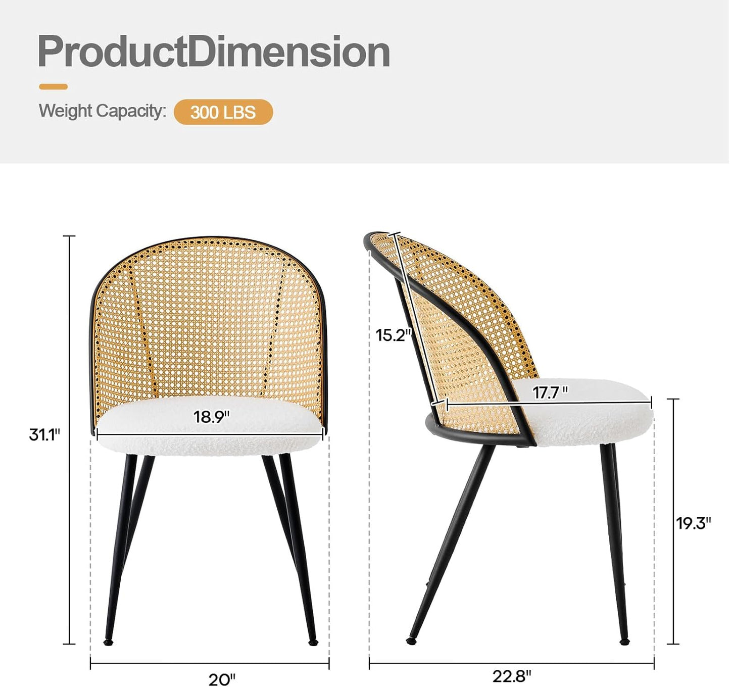 Rattan Dining Chairs Set of 4, Mid-Century Modern Kitchen Dining Room Chairs with Full Cane Backrest Armless Upholstered Farmhouse Boucle Dining Chairs with Metal Leqs for Dining Room, White