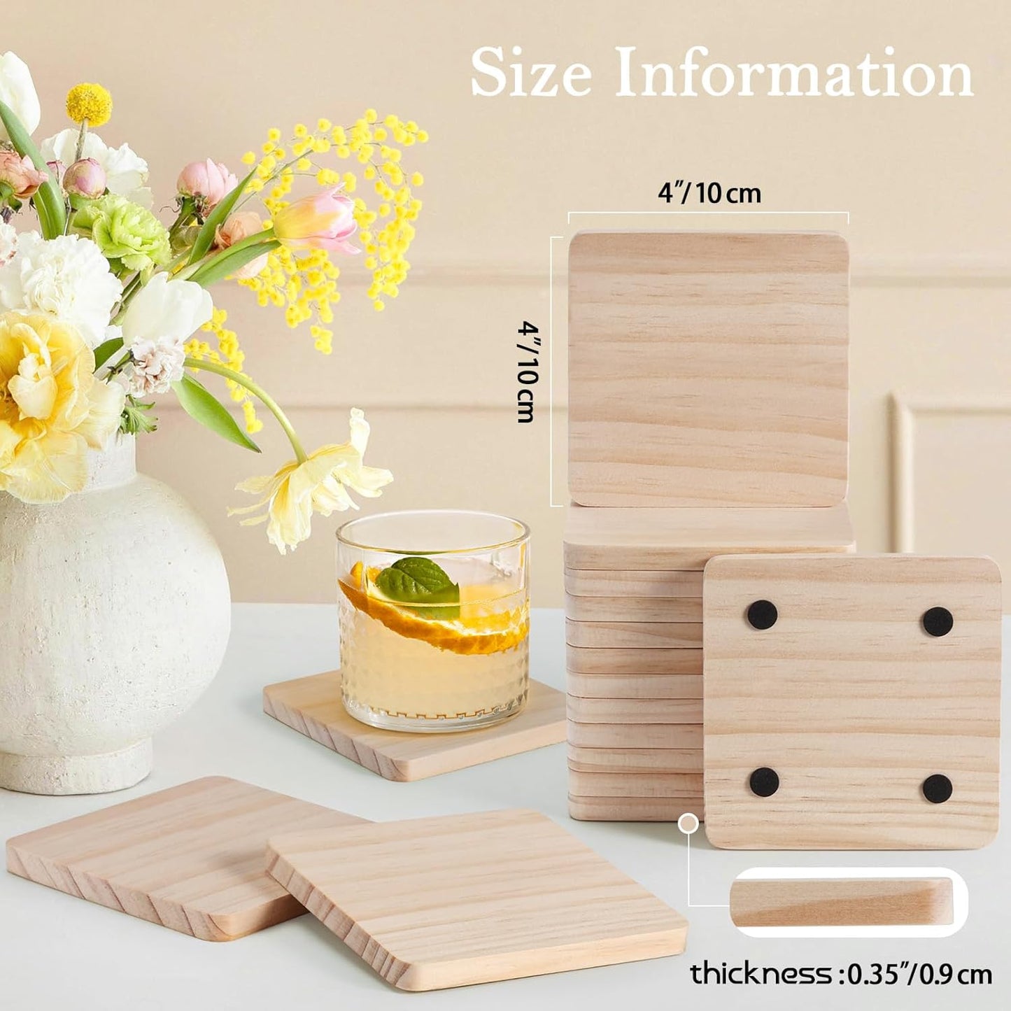 48 Pieces Unfinished Wood Coasters, GOH DODD 4 Inch Wooden Blanks with Non-Slip Pads for Laser Engraving Wood Burning Staining Painting Decoupage Housewarming Gifts Wedding Crafts Education, Square