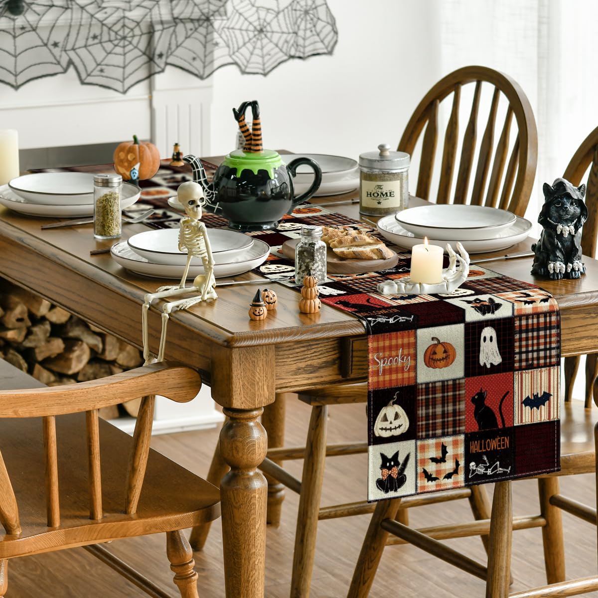 Artoid Mode Black Cat Bat Pumpkin Spooky 210 GSM Halloween Table Runner, Ghost Kitchen Dining Table Decoration for Home Party Decor 13x60 Inch