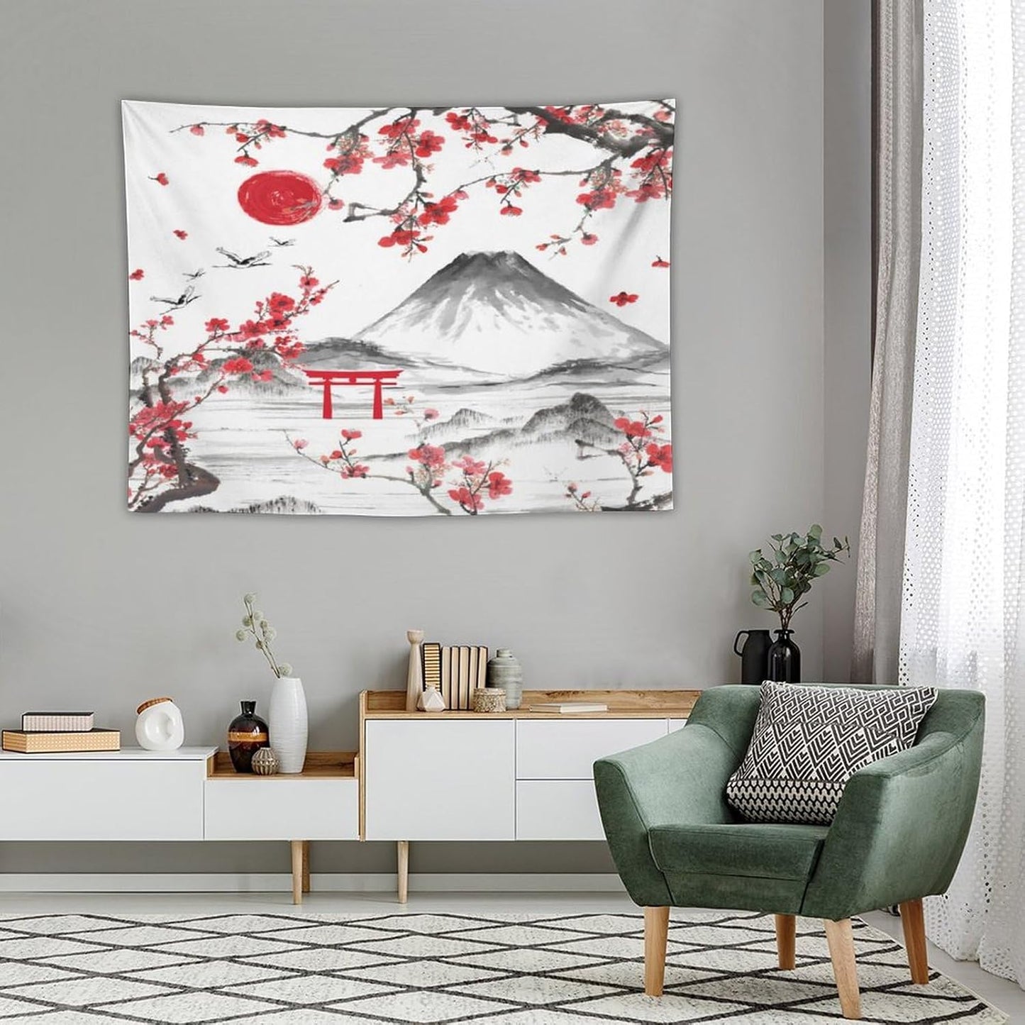Red Cherry Blossoms Tapestry, Japanese Fuji Mountain Tapestry, Asian Japanese Wall Tapestry, Nature Landscape Tapestries for Bedroom Living Room Decor 40"x30"