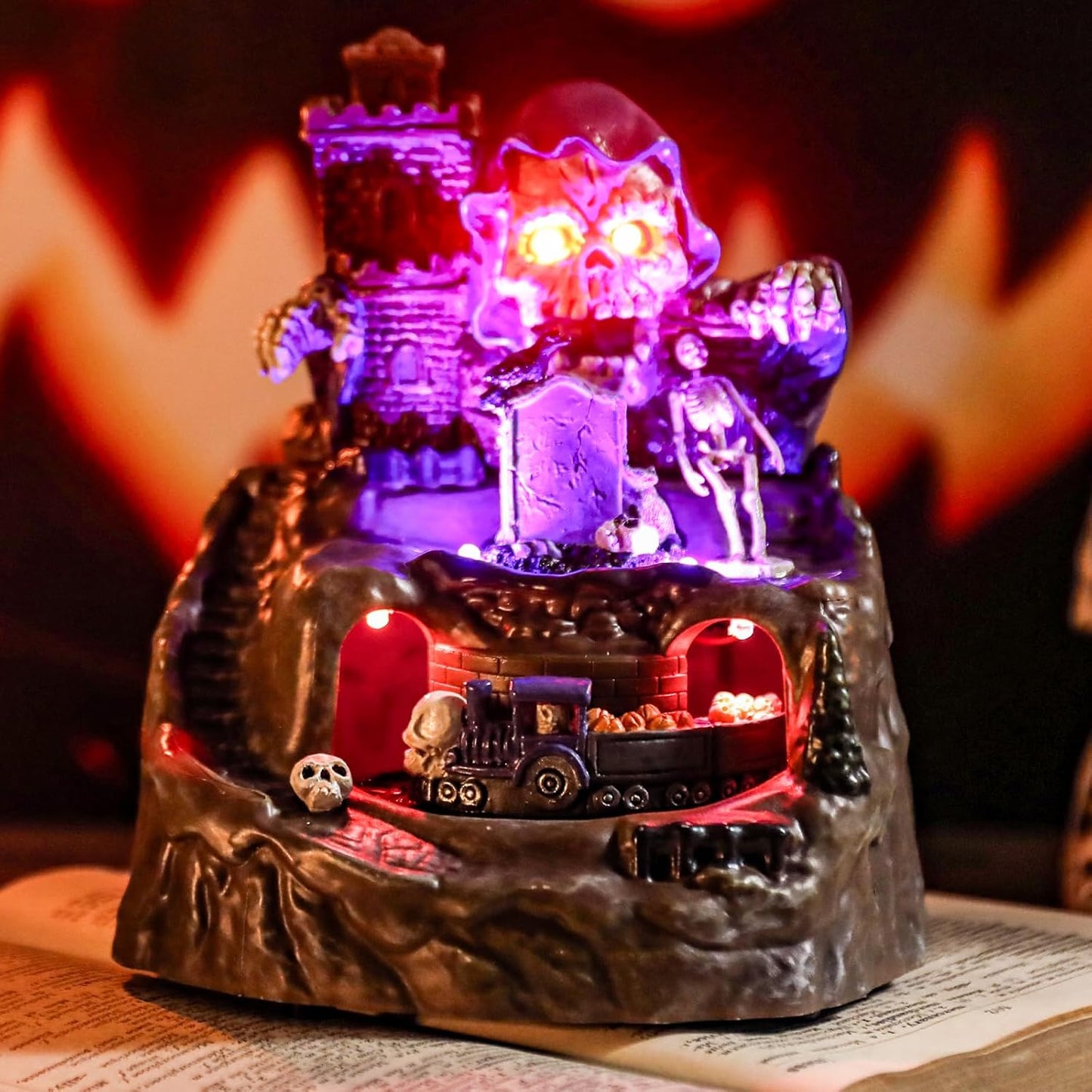 Bdor Halloween Tabletop Decoration with LED Lights and Moving Train – Spooky Skeleton Castle Animated Halloween Ornament, Skull Graveyard Scene, Light Up Haunted House Decor for Indoor Party Display