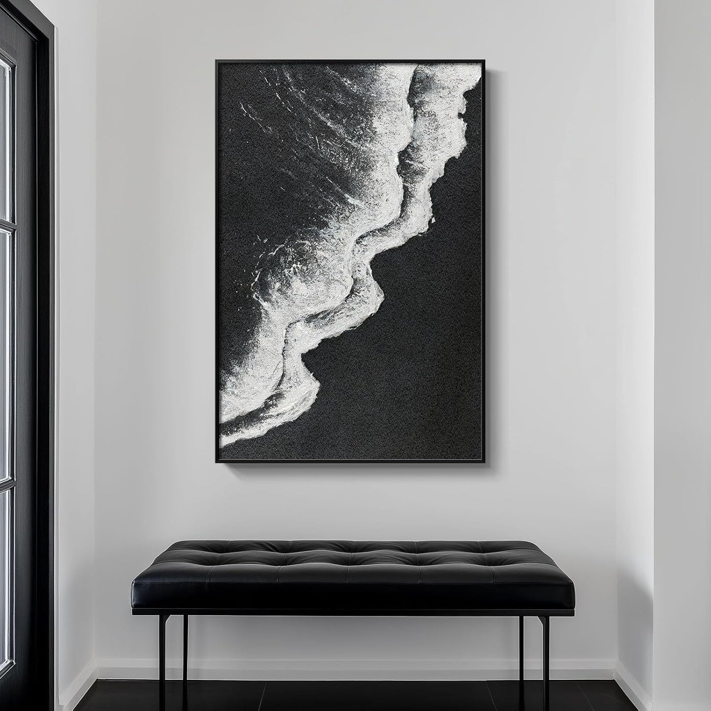 Framed Black and White Abstract Beach Canvas Wall Art, Modern Minimalist Art Prints Paintings Artwork for Walls, Ocean Wave Pictures for Living Room Dining Room Bedroom Bathroom Wall Decor 24x36 In
