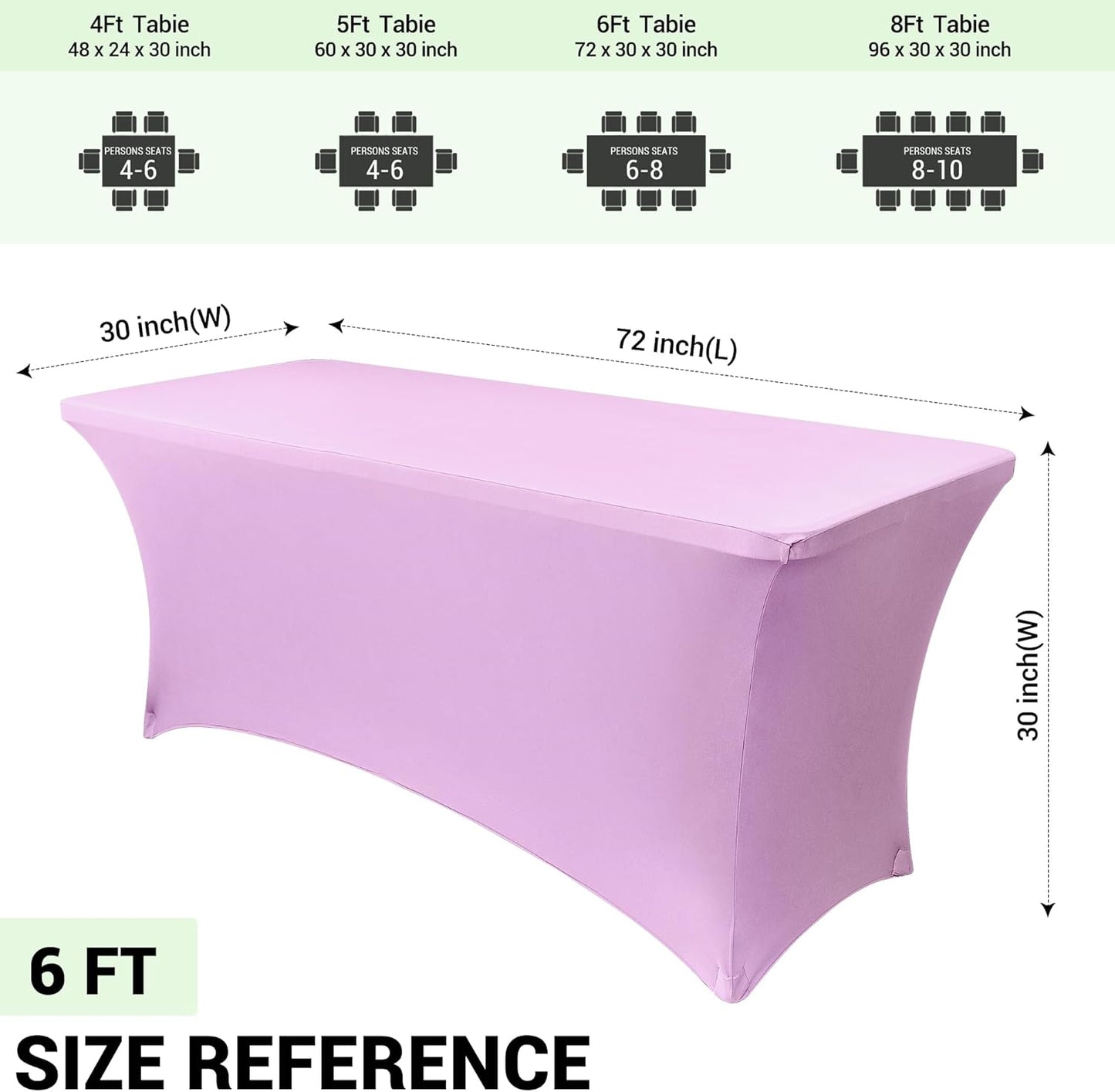 Obstal 6ft Stretch Spandex Table Cover for Standard Folding Tables - Universal Rectangular Fitted Tablecloth Protector for Wedding, Banquet and Party, 72L x 30W x 30H Inches, Light Purple, 2pc