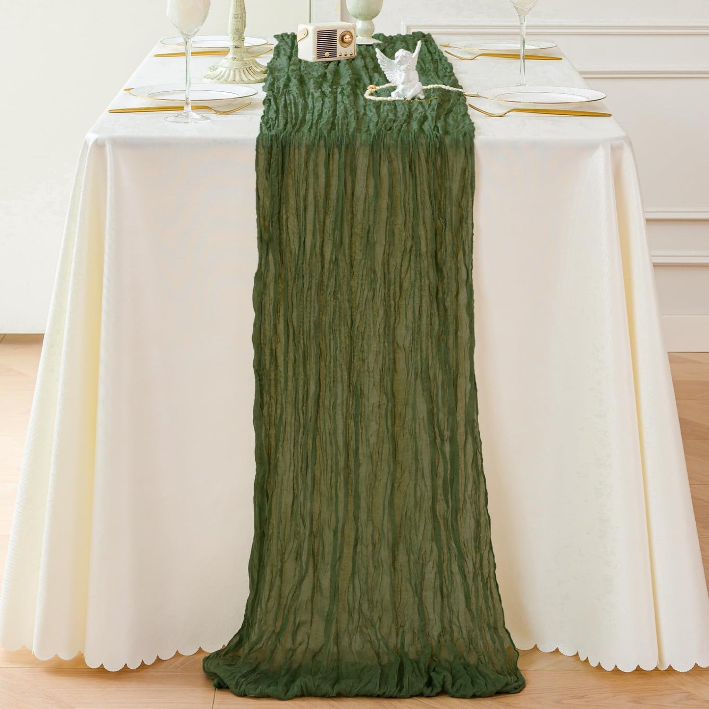 Sioloc 10 Pack Moss Green Cheesecloth Table Runner Fall Autumn Decor for Home 10ft Table Cloth for Tea Wedding Birthday Party Baby Bridal Shower Halloween Thanksgiving
