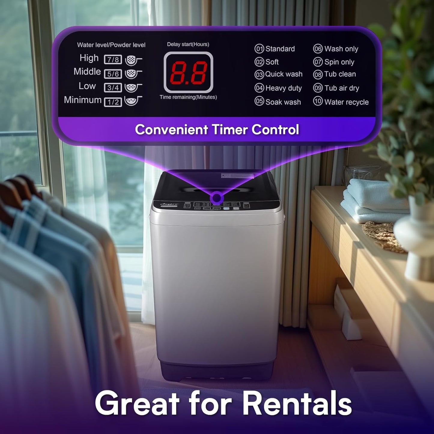 Portable Washing Machines 17.8LBS Full Automatic Clothes Washer and Spinner Combo with 10 Programs and 8 Water Levels, Compact Laundry Wash Spin Dryer for Apartment RV Dorm Home, Grey