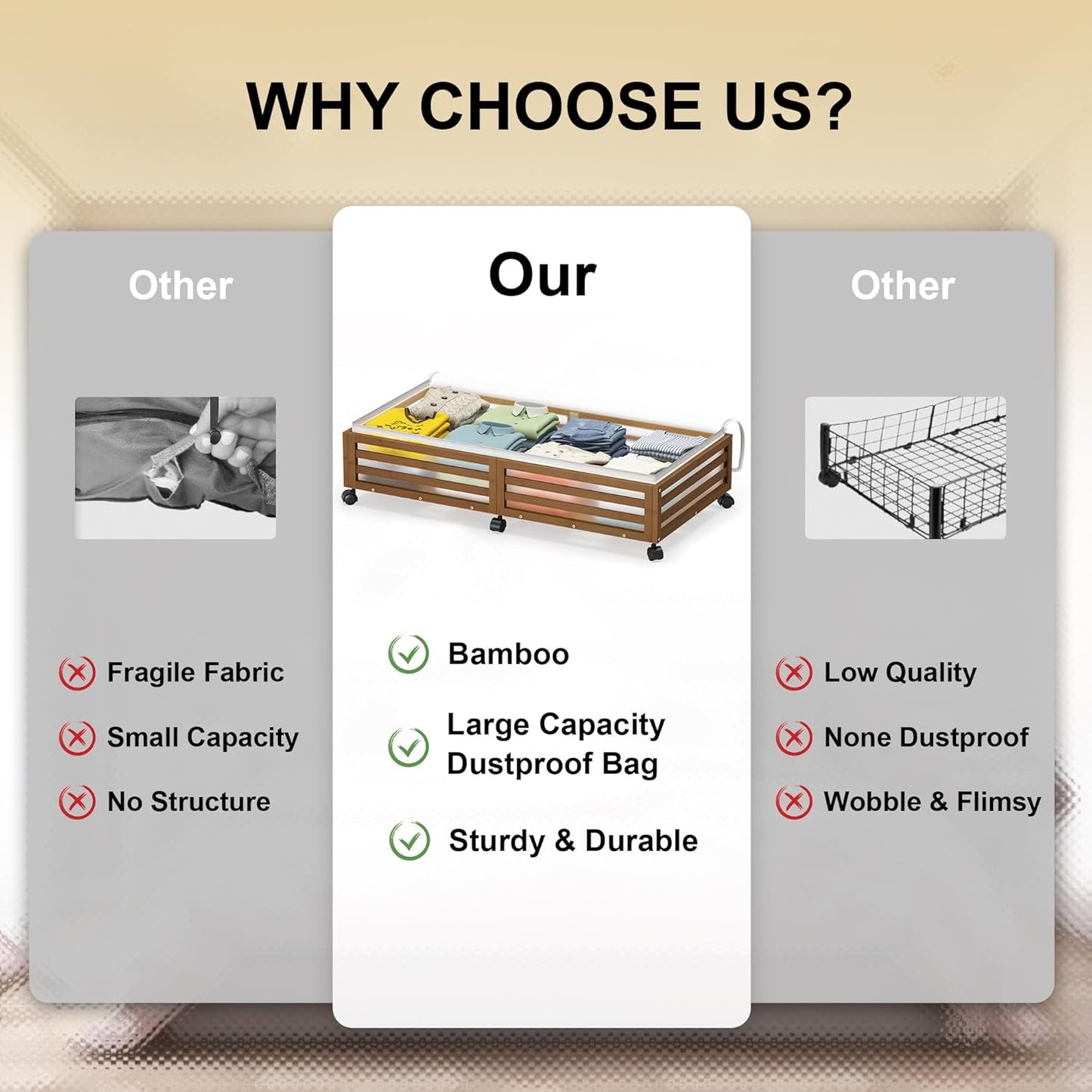 Under Bed Storage with Wheels-Large Bamboo Underbed storage Containers with Large Dust Bag Stackable Under the Bed Shoe Storage Bins for Clothes Books Bedding (2 Packs walnut, 33.07"L×16.54"W× 6.5"H)