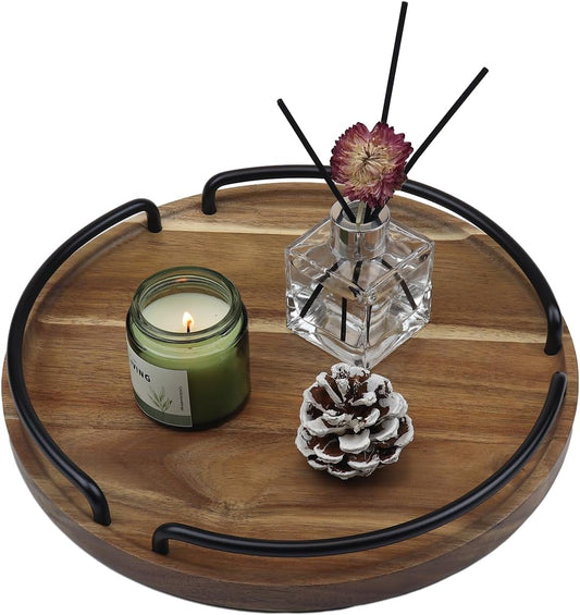 Round Wooden Serving Tray - Rustic Style Decorative Tray for Coffee Table, Living Room, Vanity - Acacia Wood Tray with Handles - Housewarming Gift - 12 Inches (Diameter)