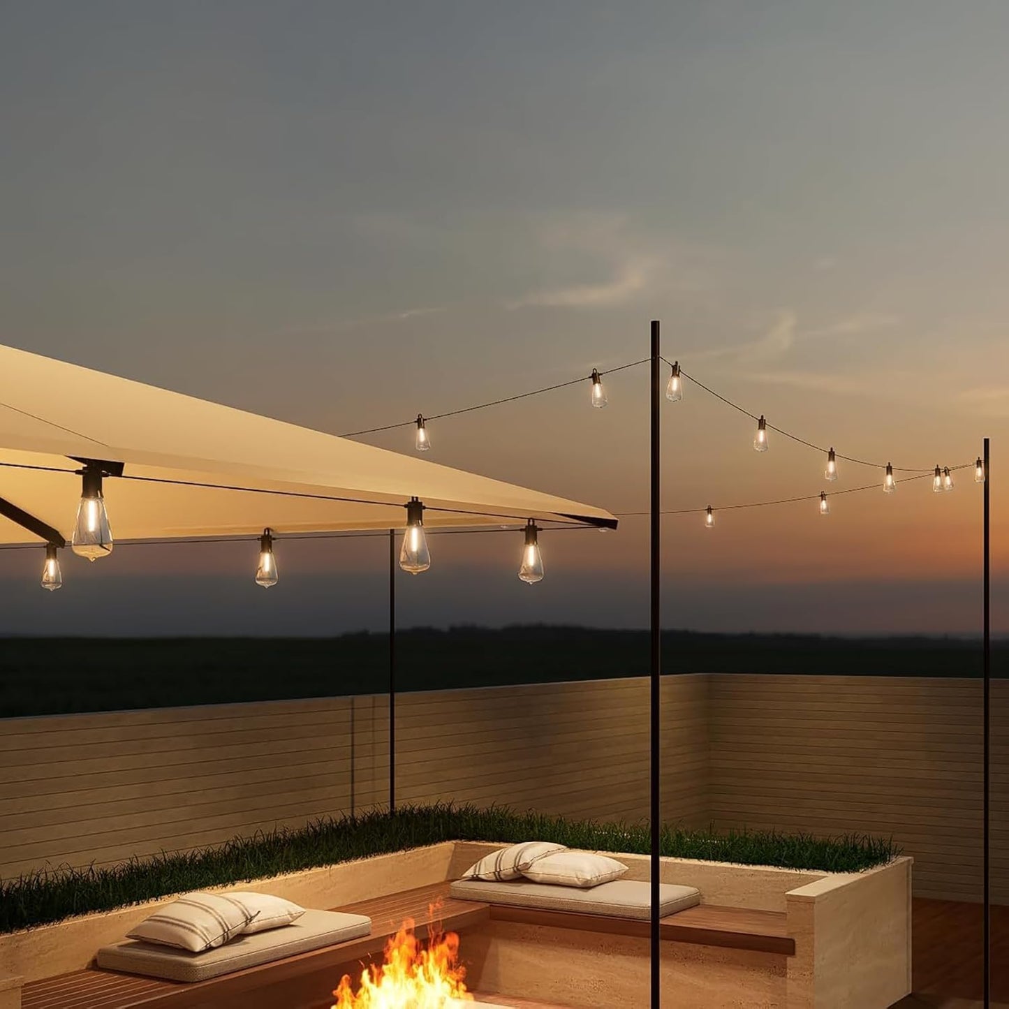 Outdoor String Lights 50 ft, LED Patio Lights with 27 (25+2 Spare ST38 Shatterproof Bulbs), IP 65 Waterproof, Outside Hanging Light for Cafe Bistro Backyard