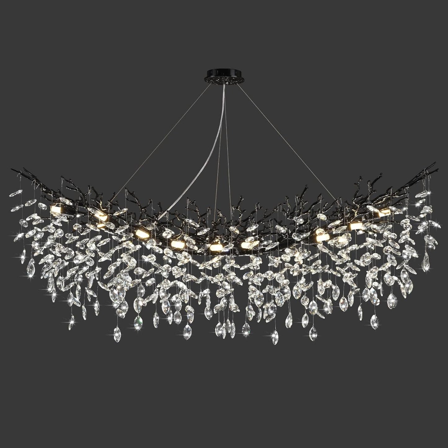 Modern Black Rectangle Crystal Tree Branch Chandelier, 55" 16-Light K9 Crystal Chandeliers for Dining Room, Rectangular Dining Room Chandelier Over Table,for High Ceiling,Kitchen