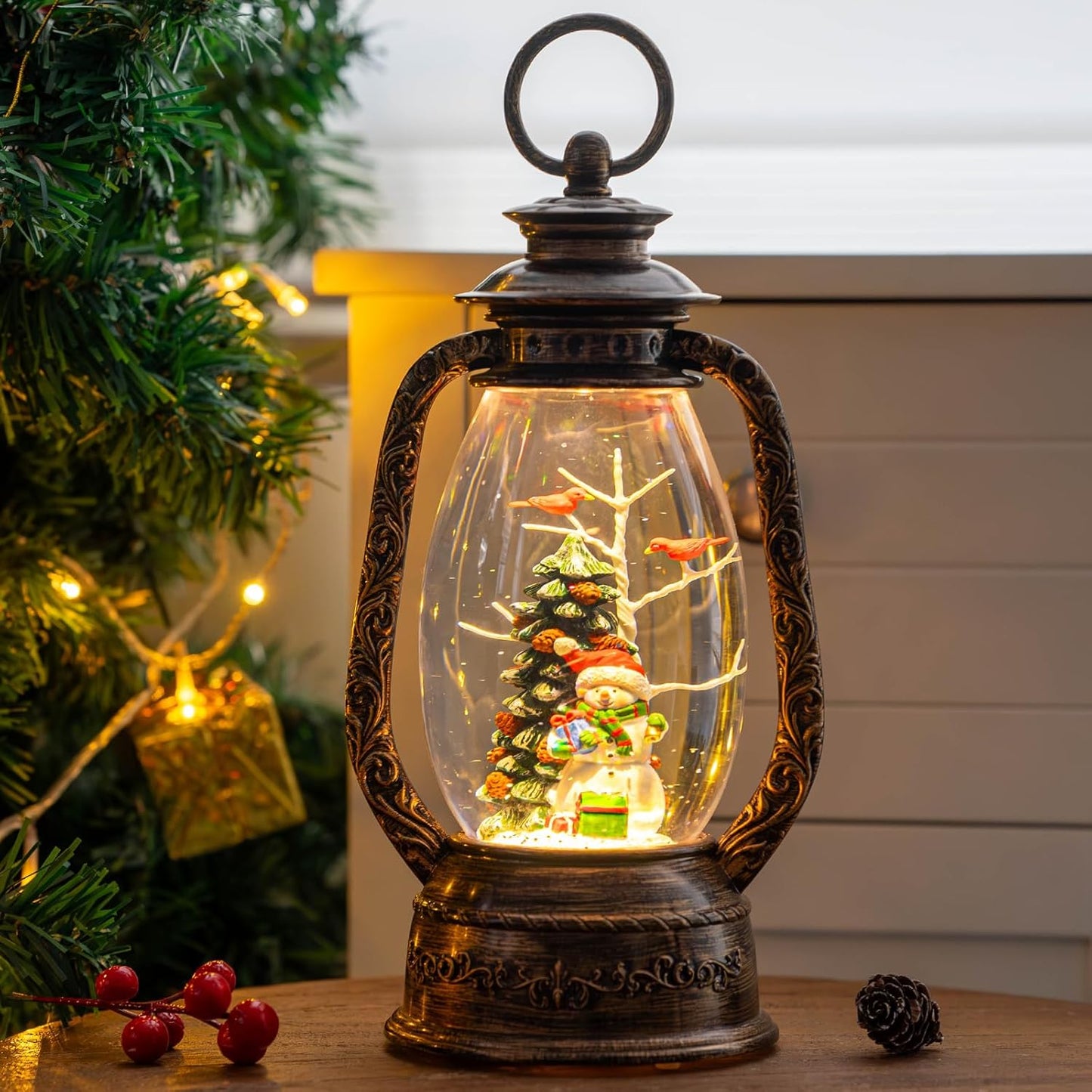 Christmas Snow Globe Lantern Water Glittering Snowman with Christmas Tree, USB Lined/Battery Operated Lighted Lantern for Christmas Festival Decoration Gifts