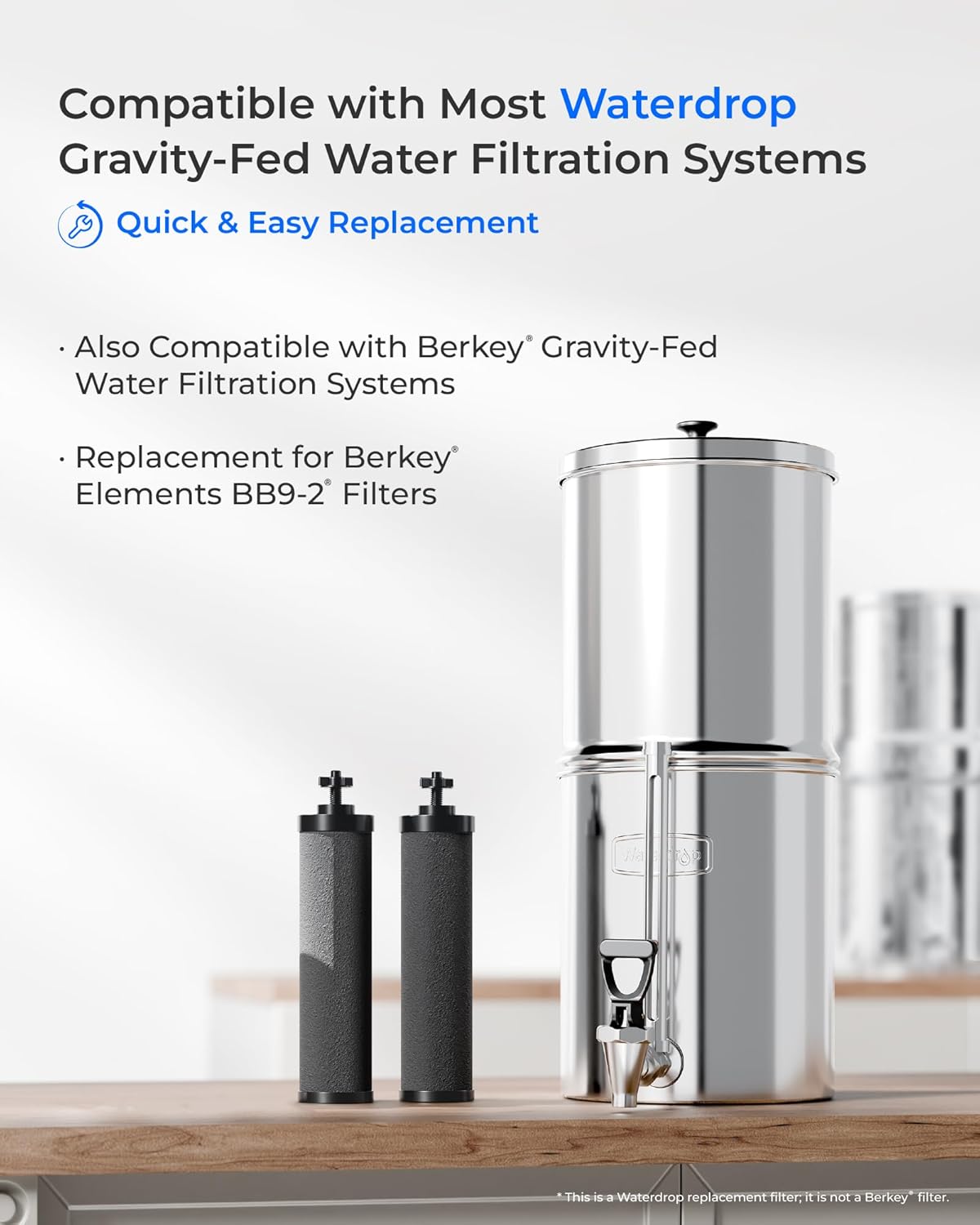 [New Upgraded Ultrafiltration] Waterdrop Black Water Filter, Replacement for Berkey® BB9-2® Black Purification Elements, Berkey® Gravity Water Filter System, 2 Pack