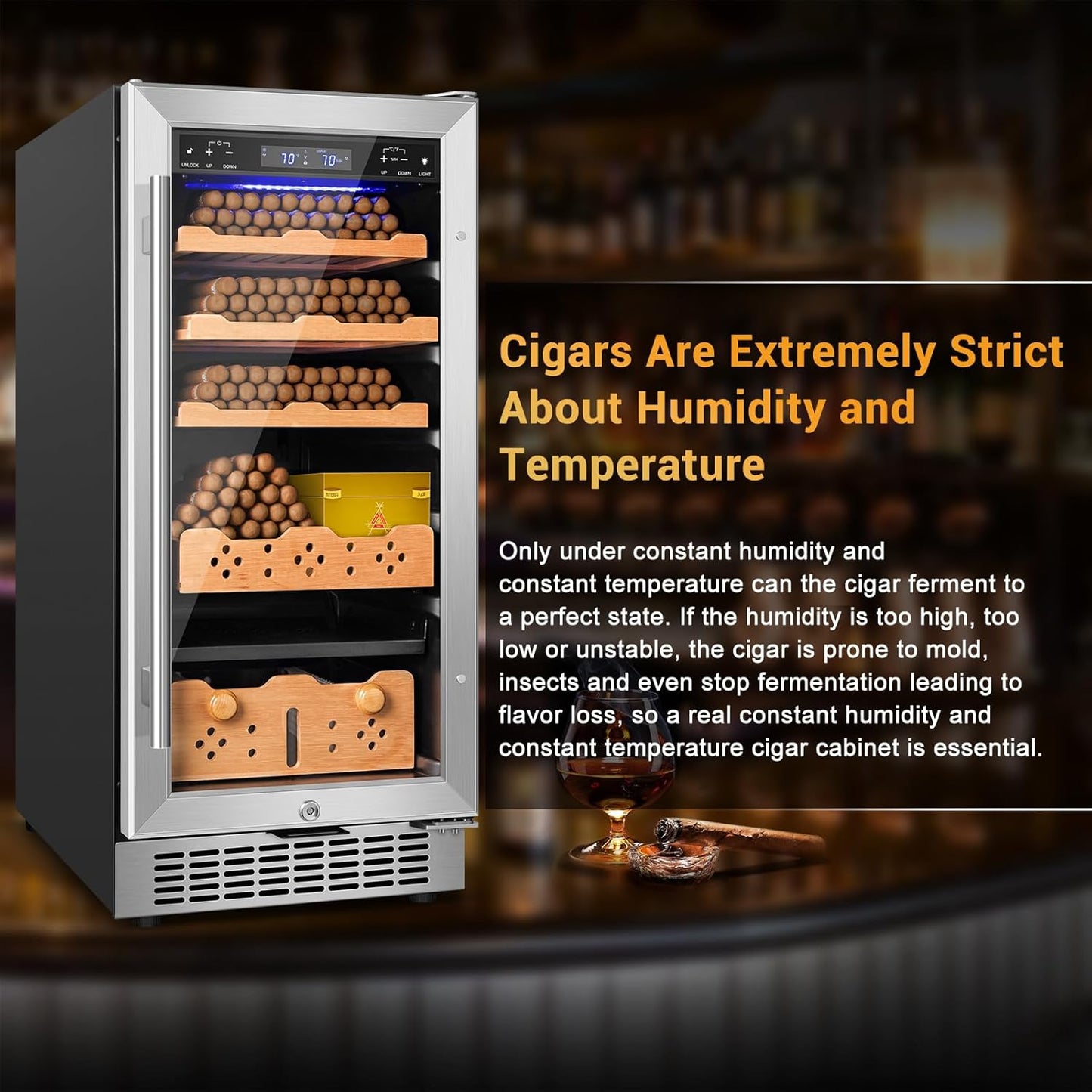 Electric Cigar Humidor, 15 Inch Upgraded Large Capacity Humidor Cabinet with Powerful Compressor, Digital LED Screen, Safety Lock, Smart Humidity & Temp Control, Gifts for Men