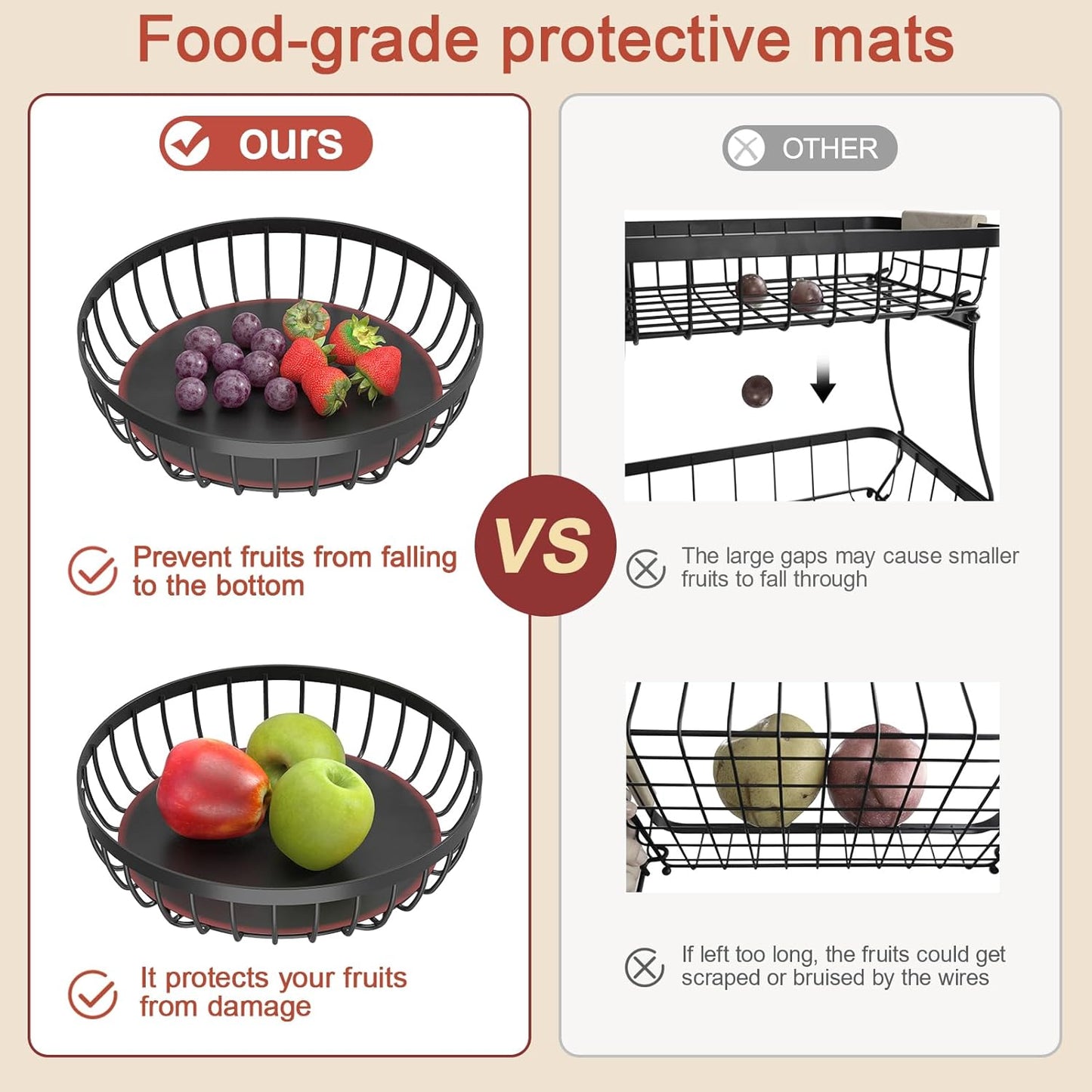 2 Tier Fruit Basket for Kitchen Counter with 2 Banana Hangers, 2025 Pro Detachable Metal Fruit Bowl with Wooden Handle,Fruit Holder for Bread Snack Veggies, Black Extra Large