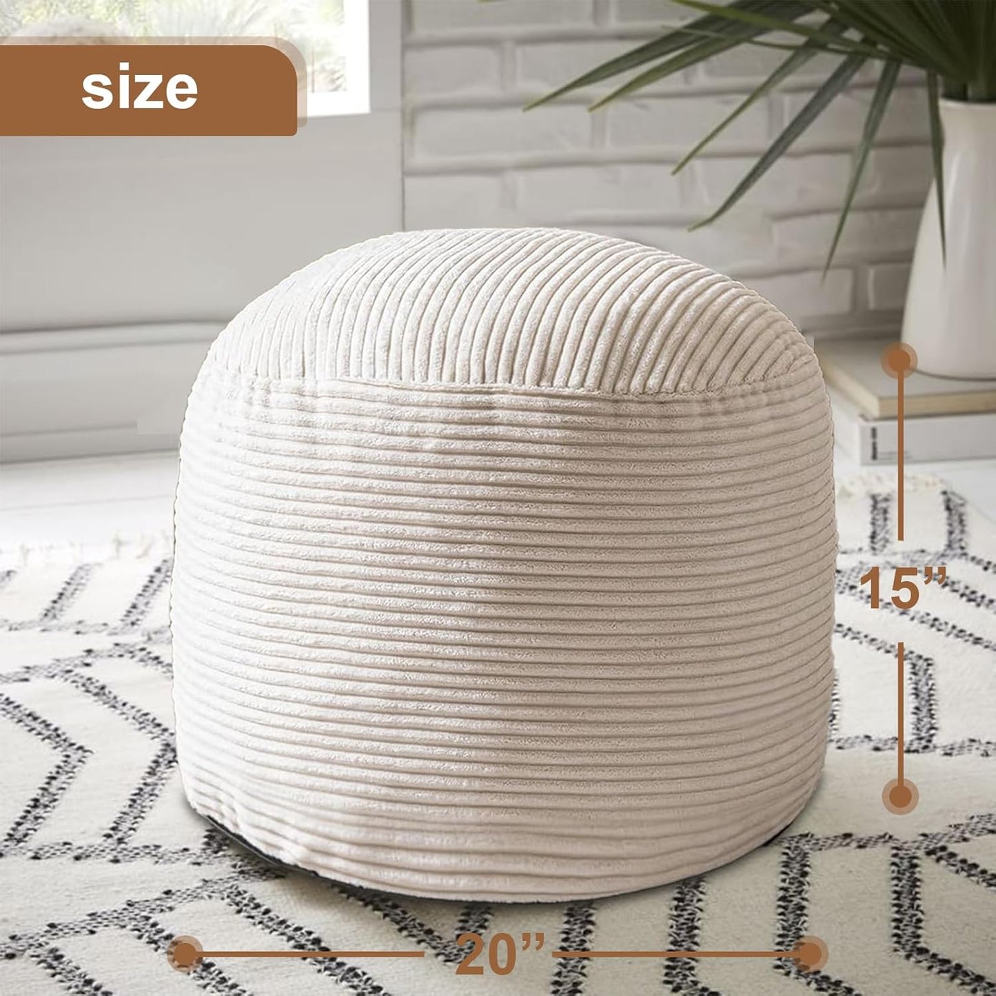 Round Stuffed Pouf Ottoman, Foot Stools Ottoman,Corduroy Poufs with Foam Chunk Filling, Furry and Fluffy Storage Ottomans, 20 X 15 Floor Poufs Foot Rest for Living Room