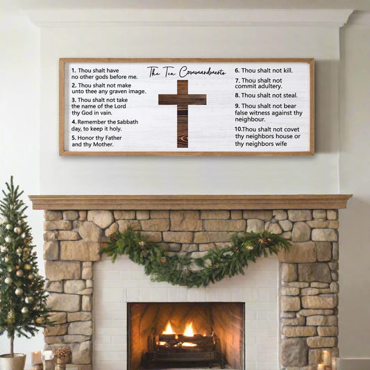Ten Commandments Rustic Bible Verse Framed Wall Art 40" x 15" Natural Religious Christian Slogan Representing God Jesus Christ Prayer Vintage Holy Inspirational Catholic Scripture Decor